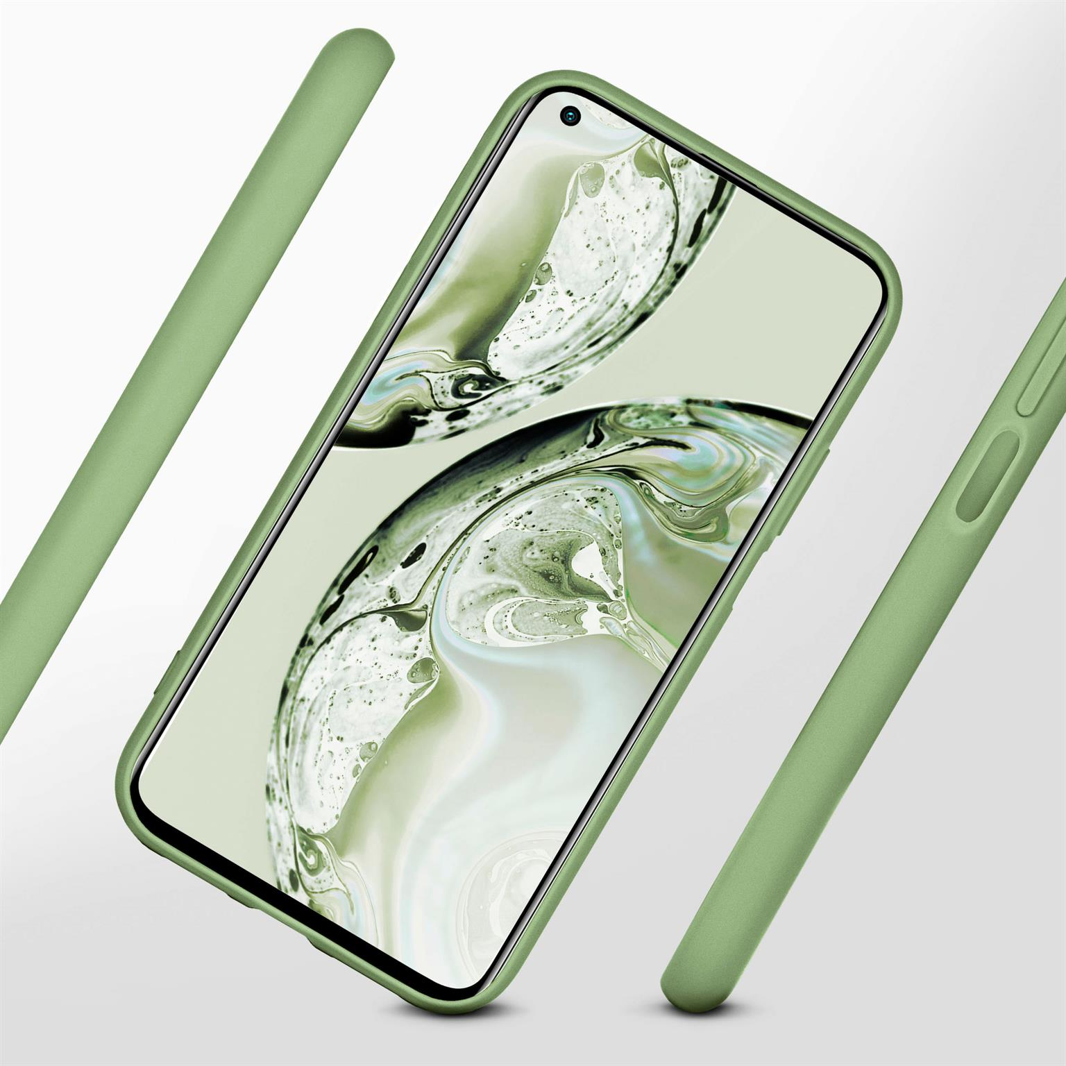Grüne Handyhülle, Telefon im Inneren. Drei Teile der Hülle sind sichtbar.
