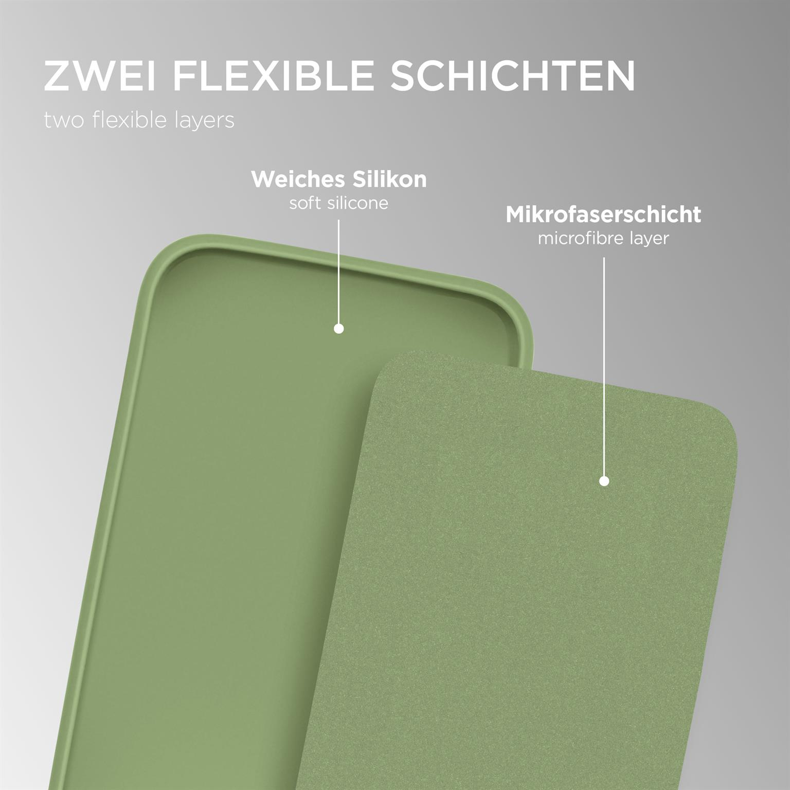 Zwei grüne Handyhüllen mit unterschiedlichen Texturen. Eine ist weiches Silikon, die andere Mikrofaser.