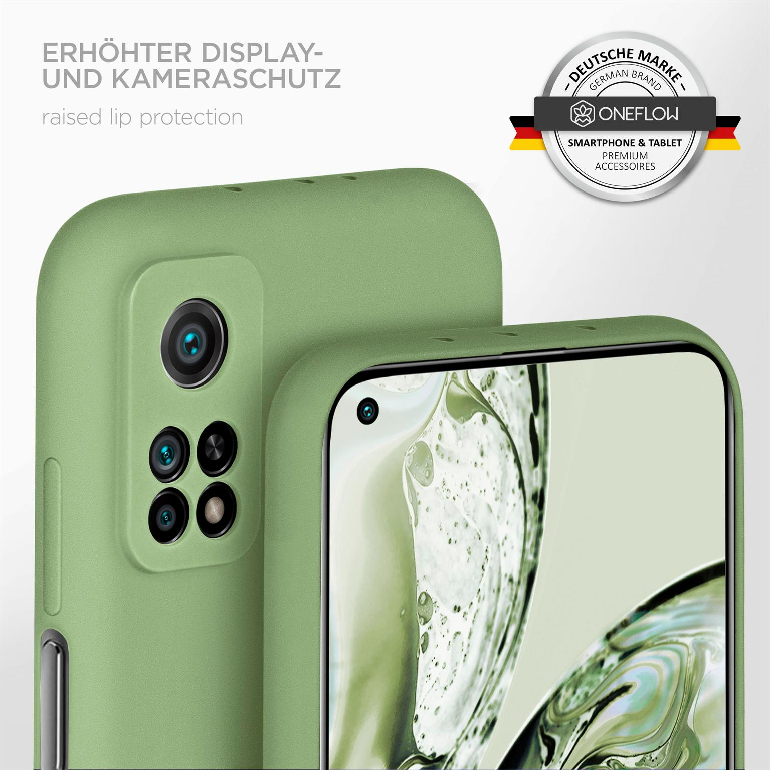 Zwei grüne Handyhüllen. Eine mit Kamera. Erhöhter Lippenschutz.