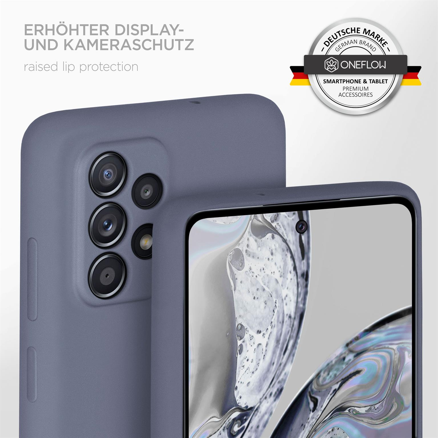 Lila Handyhülle auf einem Telefon. Text: 'Erhöhter Display- und Kameraschutz' und Logo.