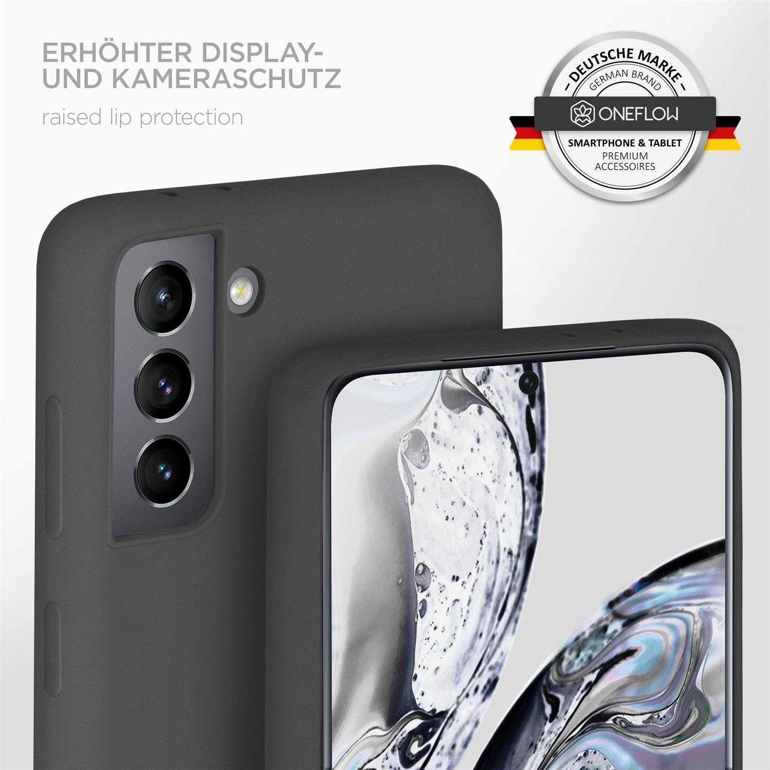 Dunkelgraue Handyhülle mit erhöhtem Lippenschutz, die ein Smartphone mit Dreifachkamera zeigt.