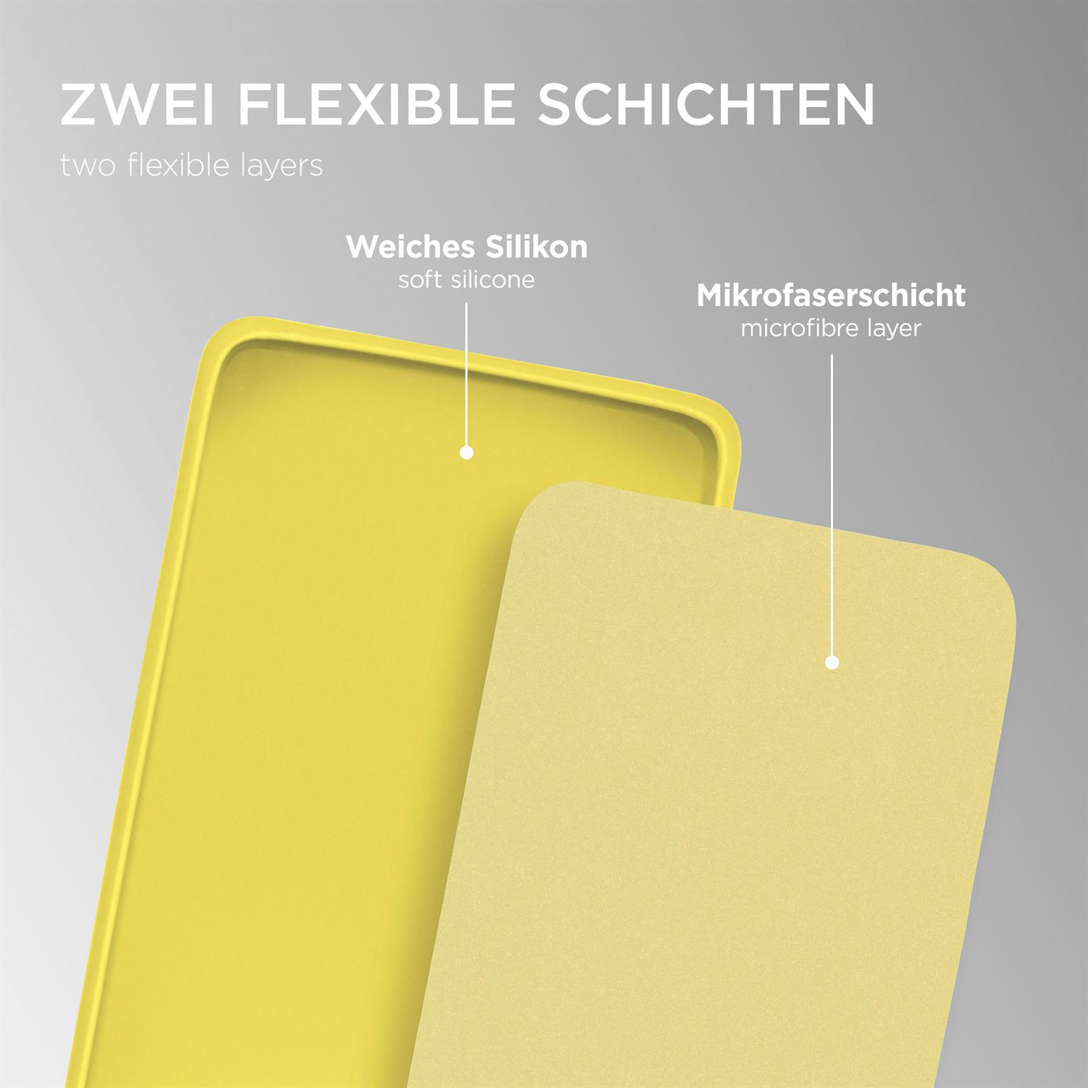 Zwei flexible Schichten: gelbe Handyhülle und hellgelbe Mikrofaser Schicht. Text auf Deutsch.