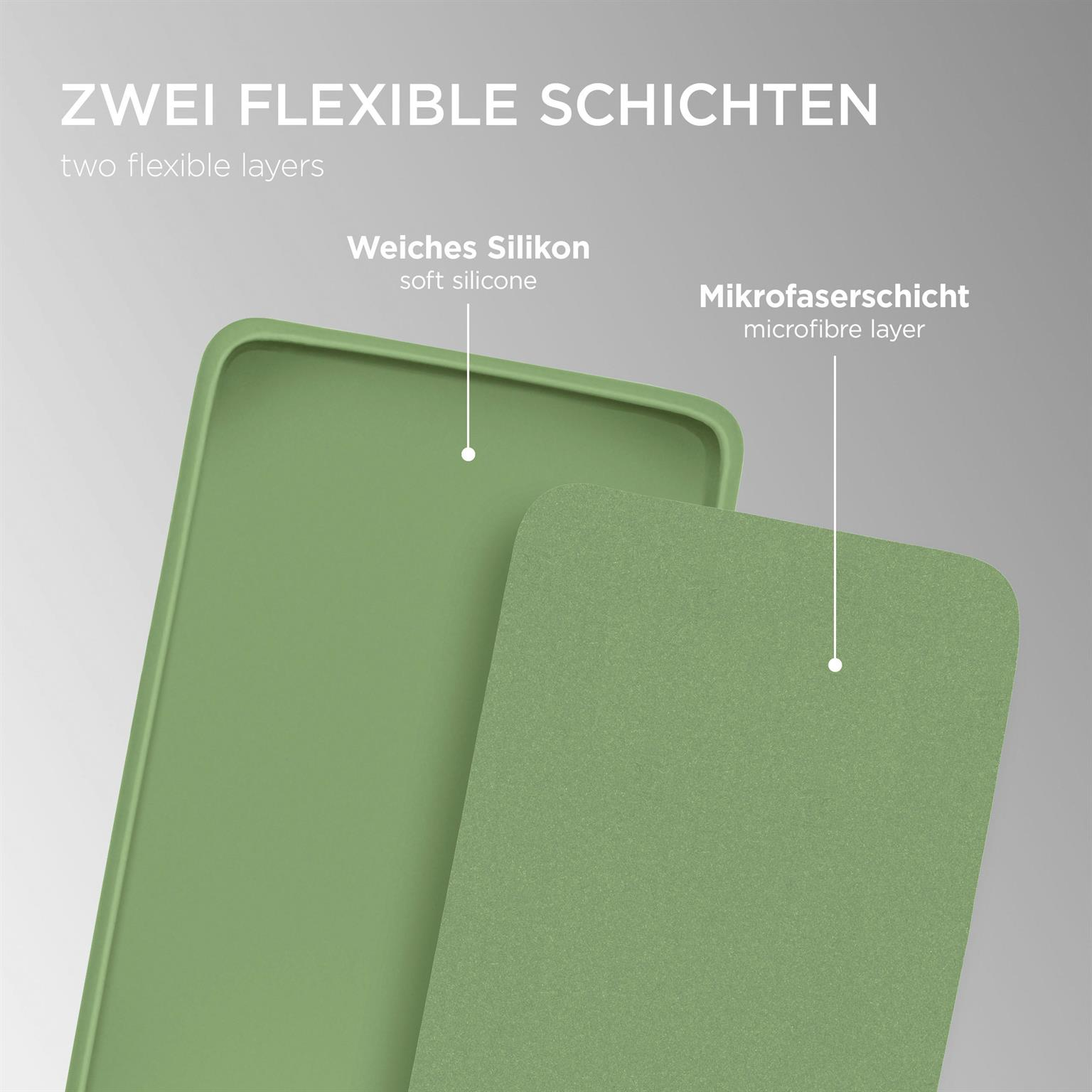 Zwei grüne Handyhüllen-Schichten. Eine aus weichem Silikon, die andere aus Mikrofaser. Text zeigt zwei flexible Schichten.