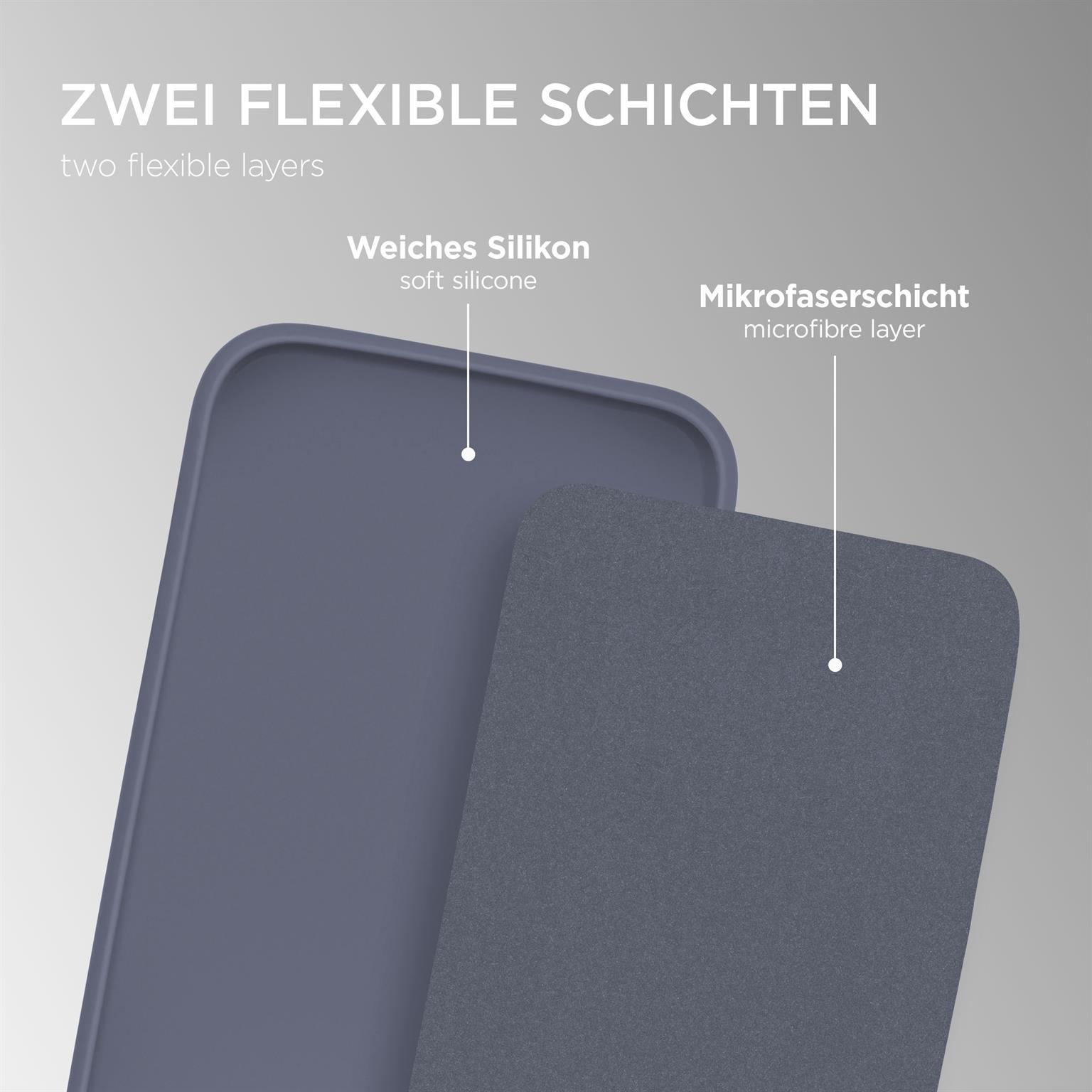 Zwei Schichten Gehäusematerial werden gezeigt. Eines ist blau, das andere grau.