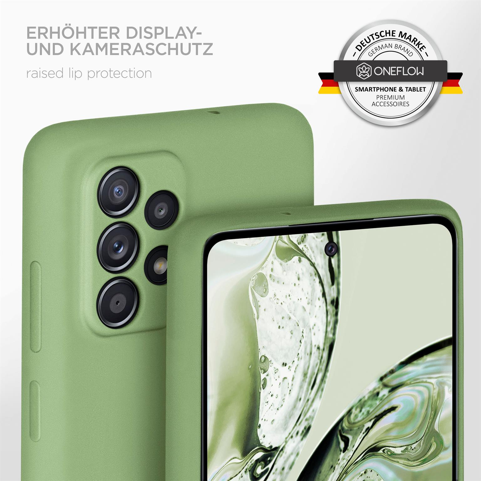 Grüne Handyhülle auf Telefon, erhöhte Kanten.