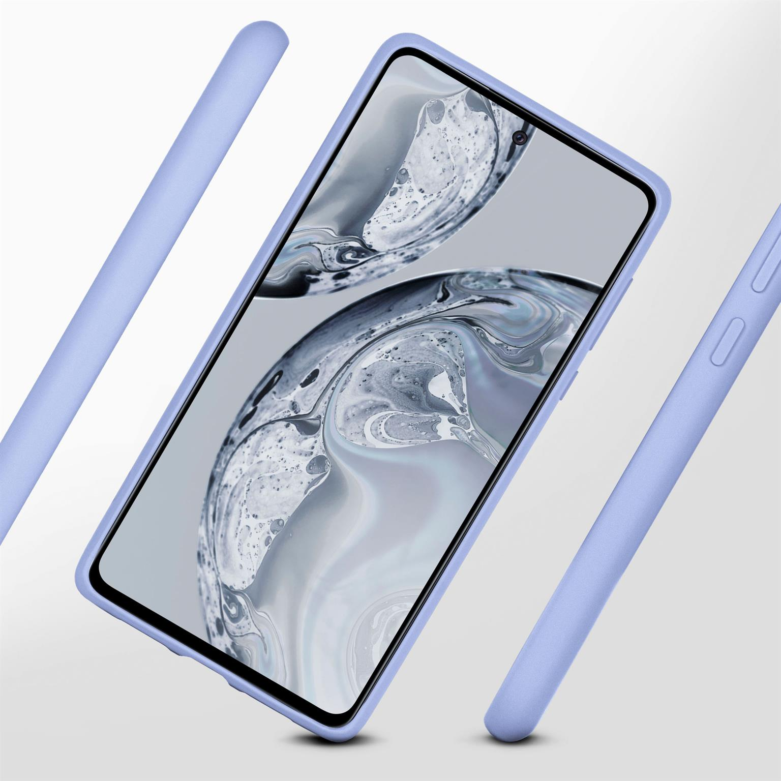 Ein Telefon in einer blauen Hülle. Die Hülle ist von zusätzlichen blauen Hüllenteilen umgeben.