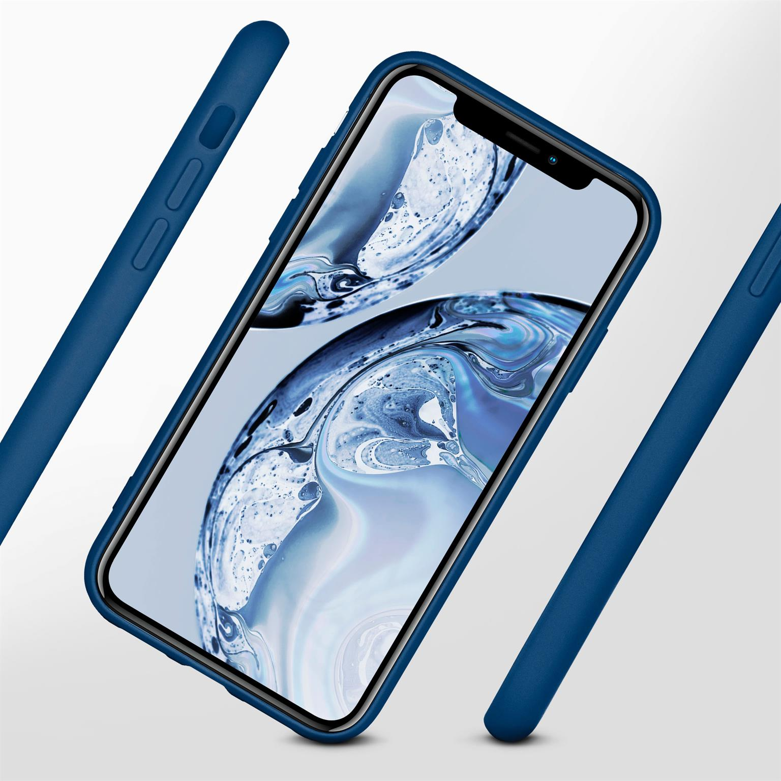 Eine blaue Handyhülle umgibt einen Telefonbildschirm. Zwei weitere Hüllen sind sichtbar.