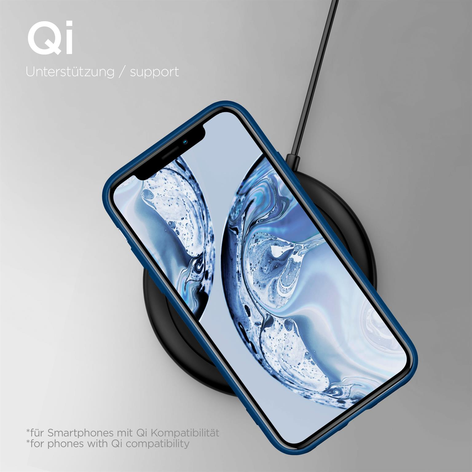 Telefon in blauer Hülle auf kabellosem Ladegerät. Text: 'Qi-Unterstützung'.