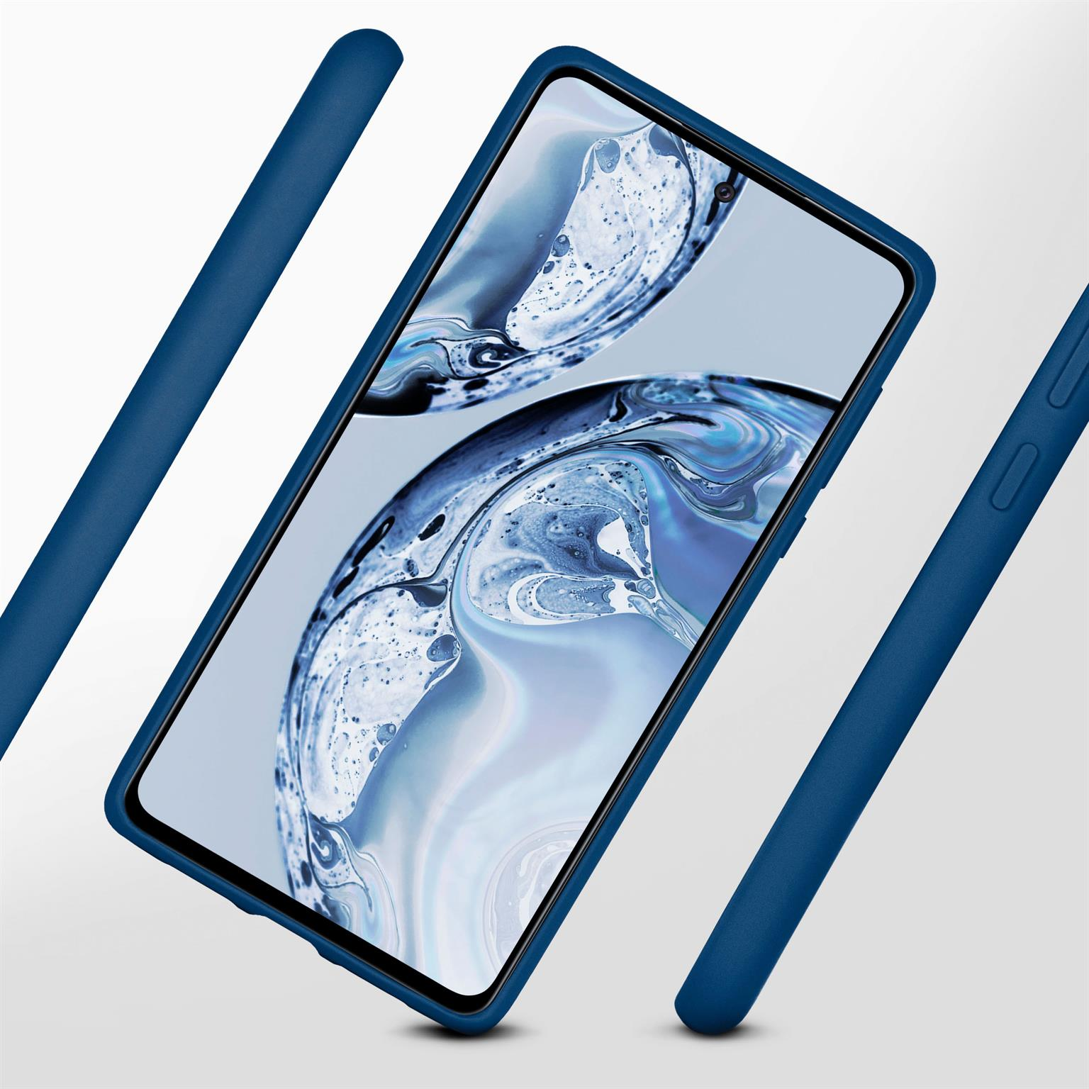Blaue Handyhülle und Bildschirm. Hülle umgibt Telefon, blaue Balken im Hintergrund.
