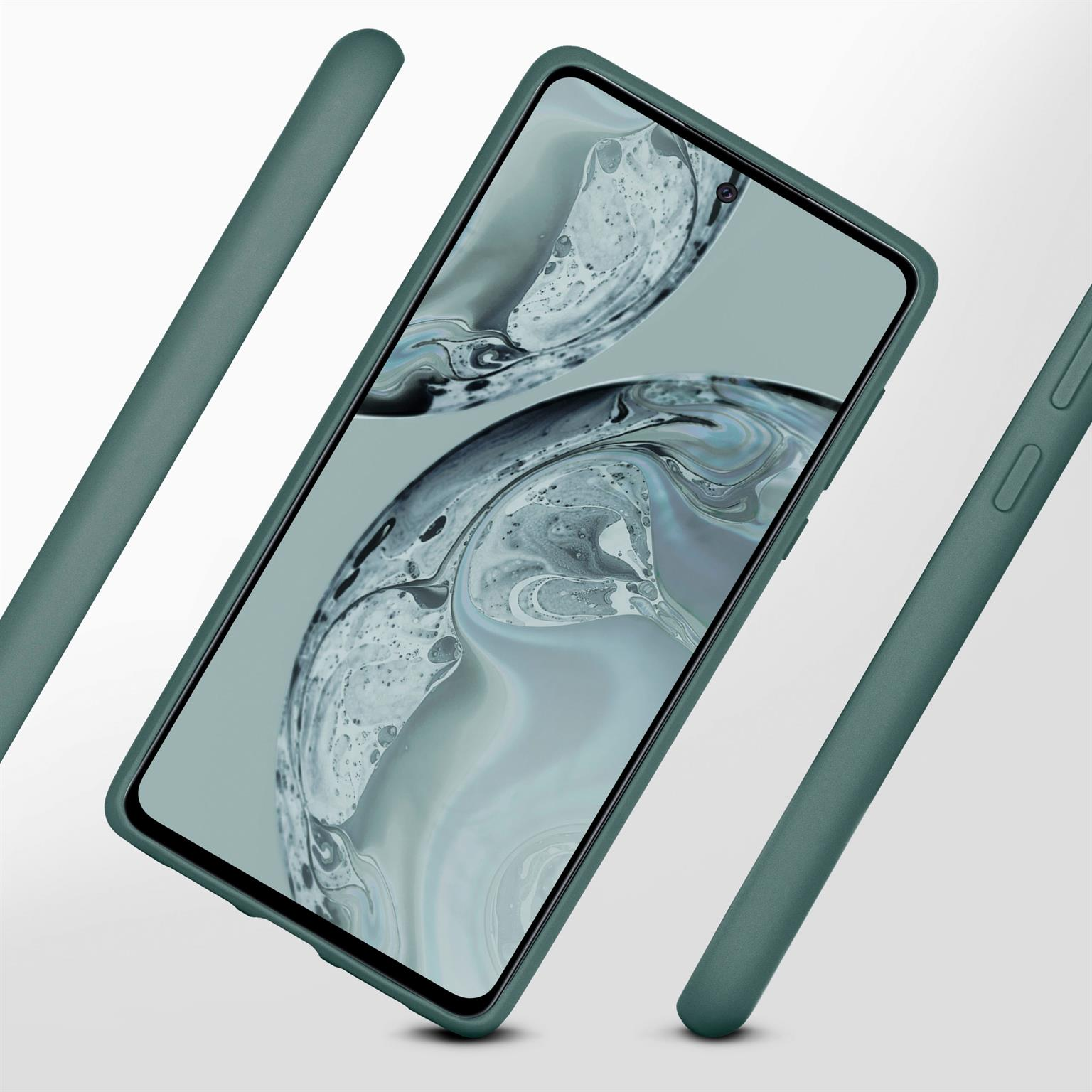Grüne Handyhülle, abgewinkelt mit Telefon darin.  Enthält eine Seiten- und Winkelansicht der Hülle.
