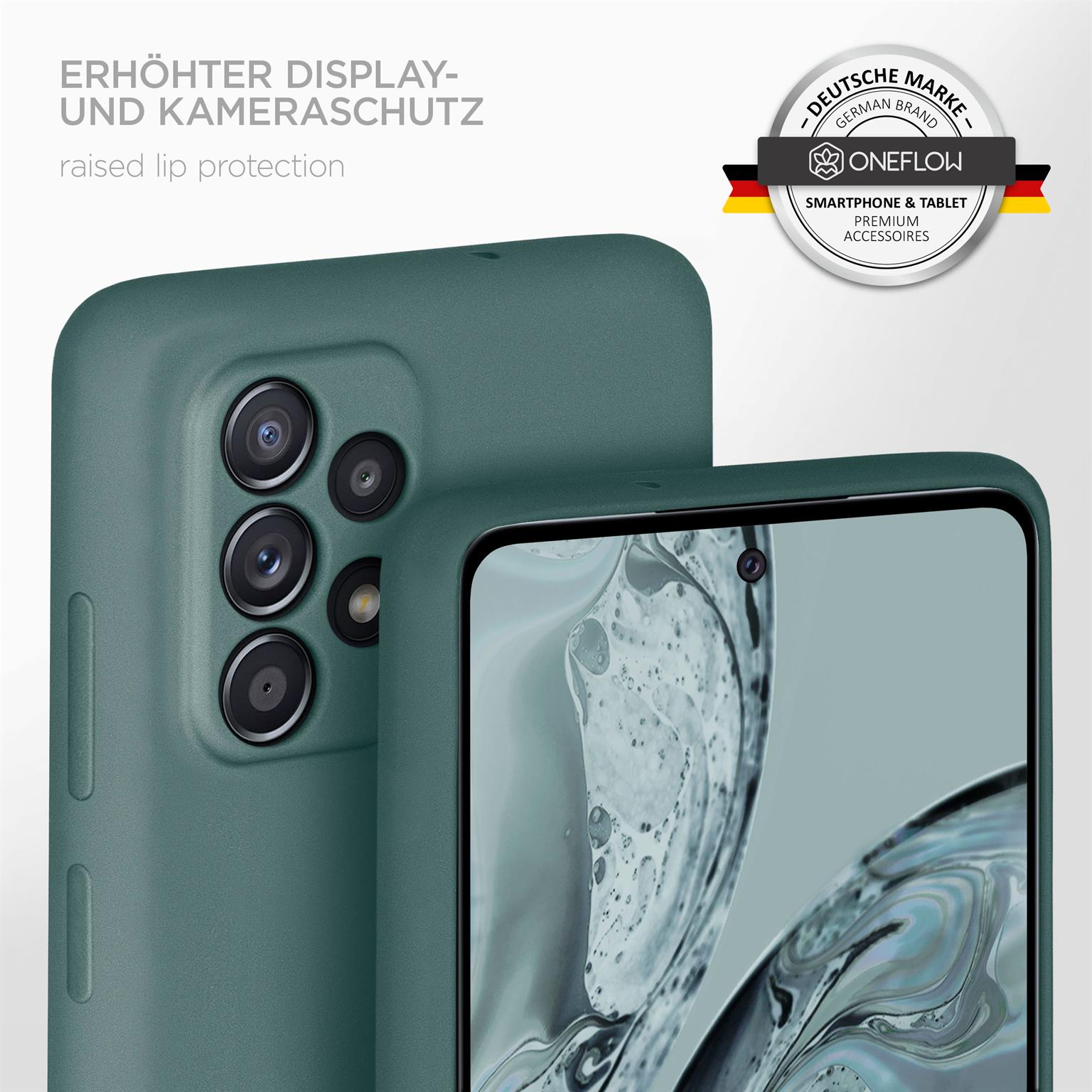 Grüne Handyhülle mit Kameraausschnitten. Ein Handybildschirm ist sichtbar. Text: erhöhter Display- und Kameraschutz.