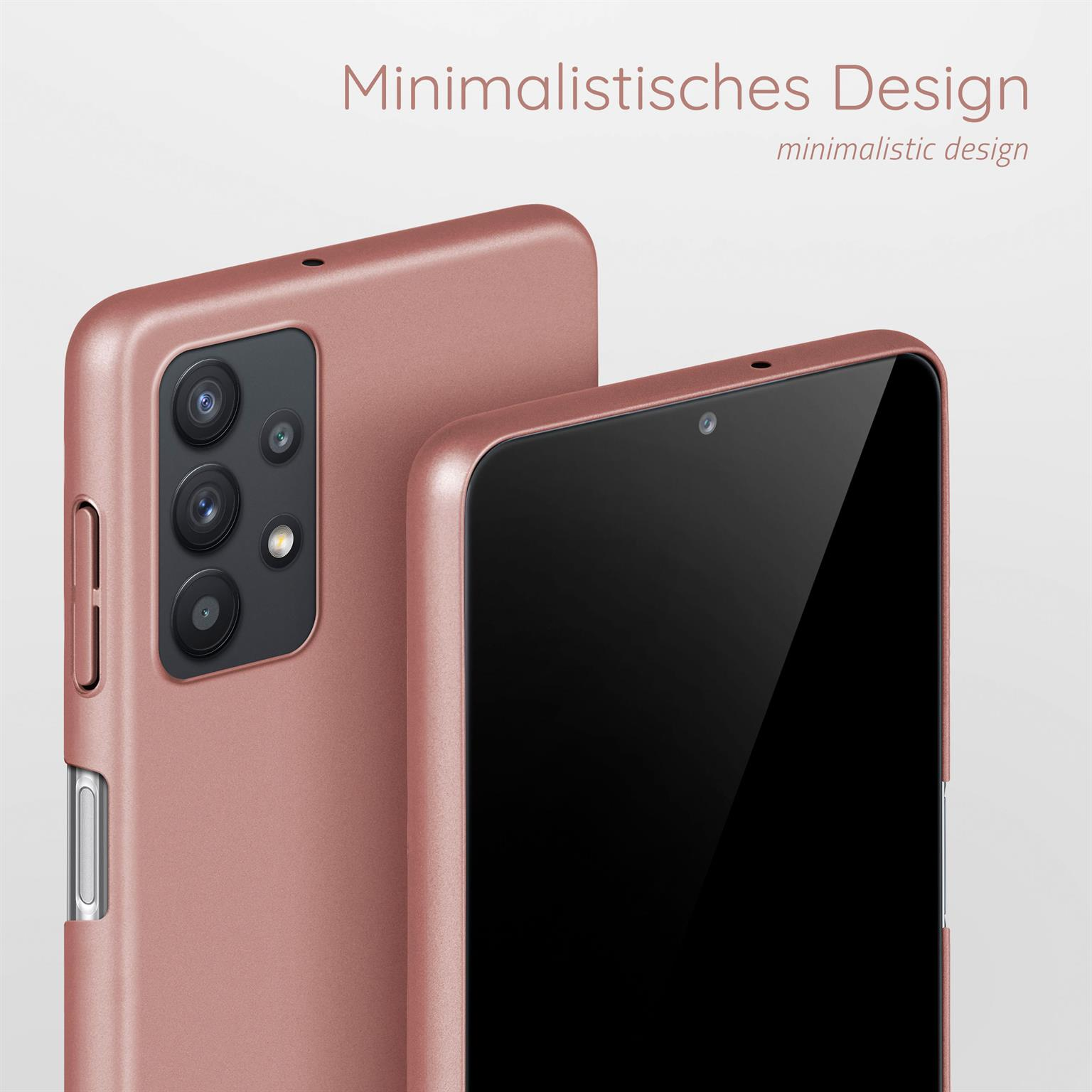 Zwei rosafarbene Handyhüllen mit einem Telefon darin. Der Text lautet minimalistisches Design. Verschwommener Hintergrund.