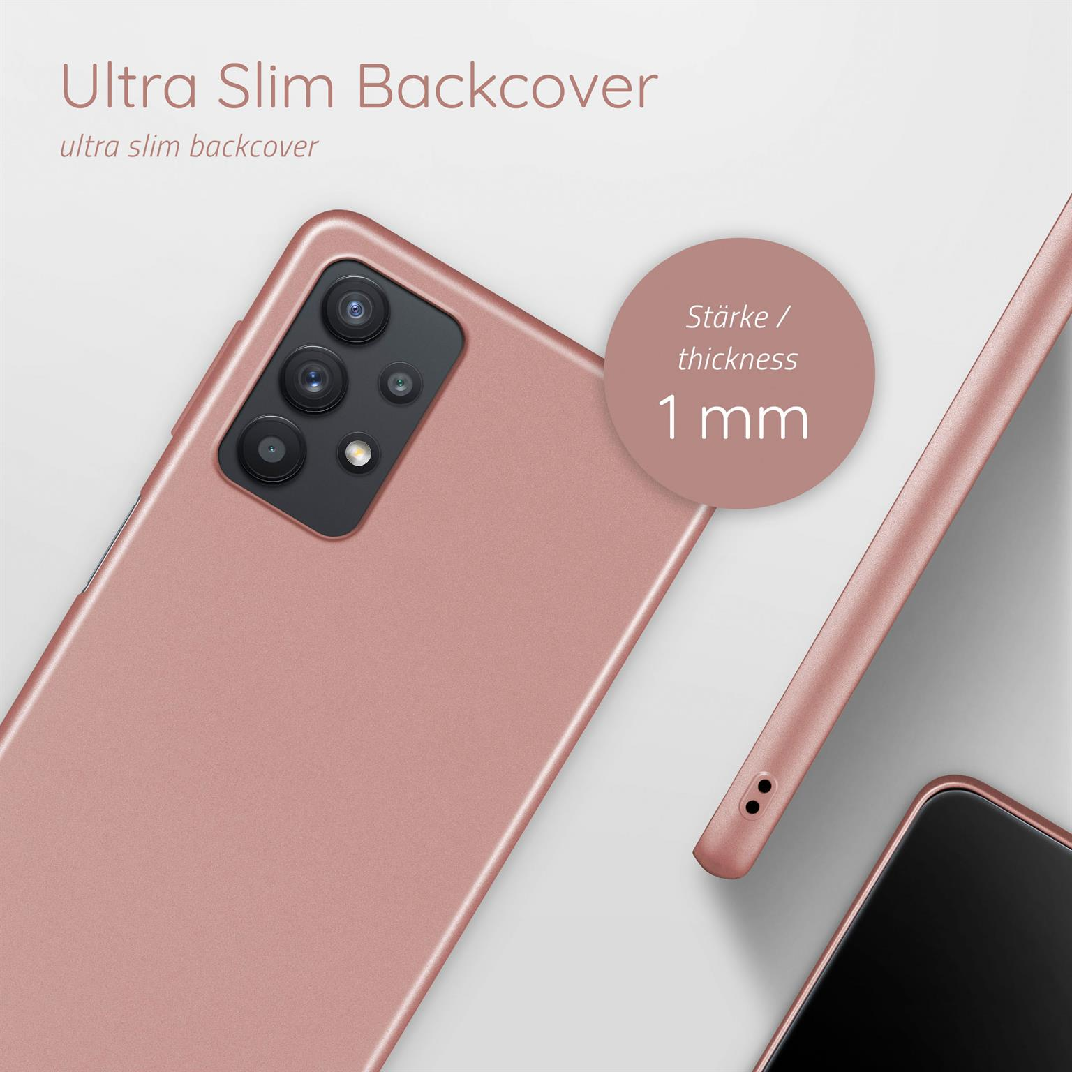 Roségoldfarbene Handyhülle auf Telefon. Ultra schlanke Rückseite. Dicke 1 mm.