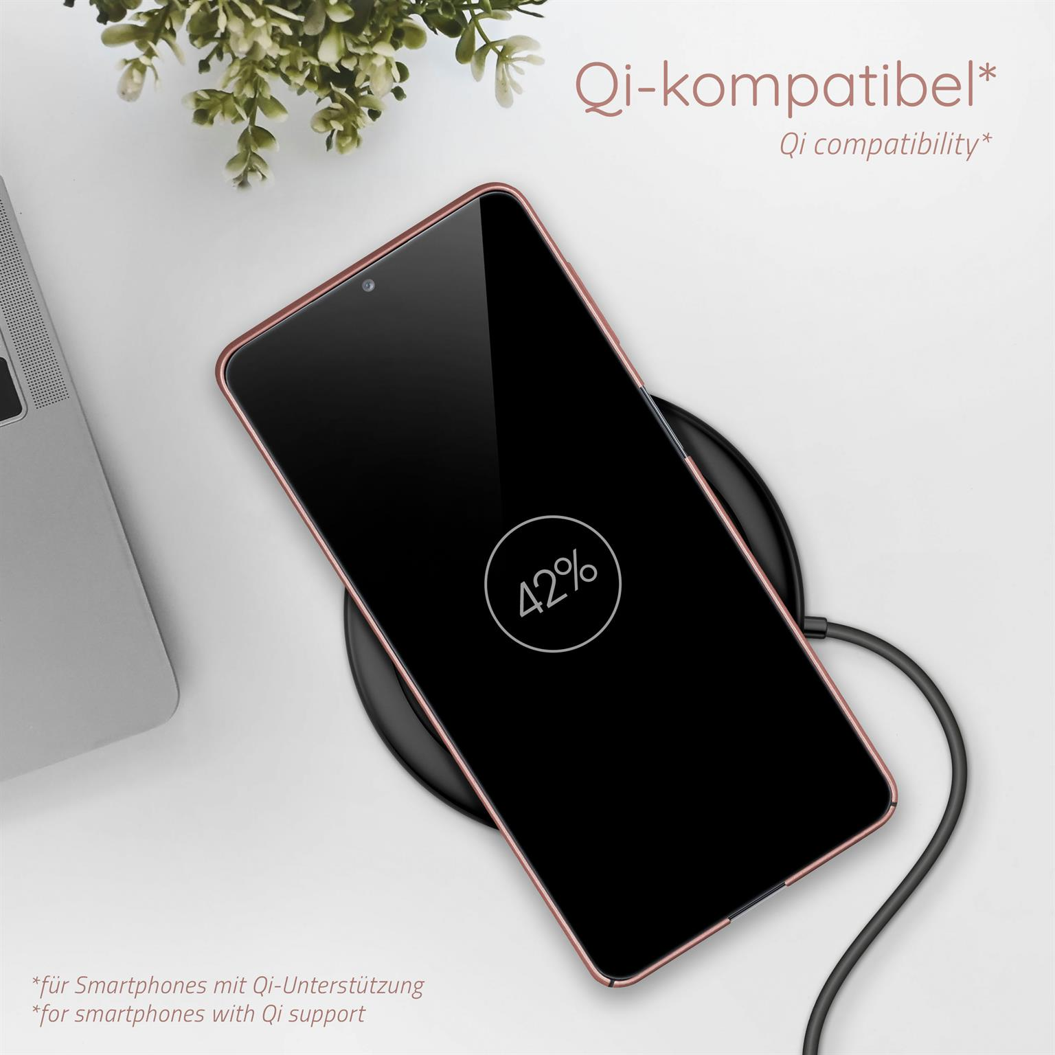 Telefon auf kabellosem Ladegerät, 42%, Qi-Kompatibilität.