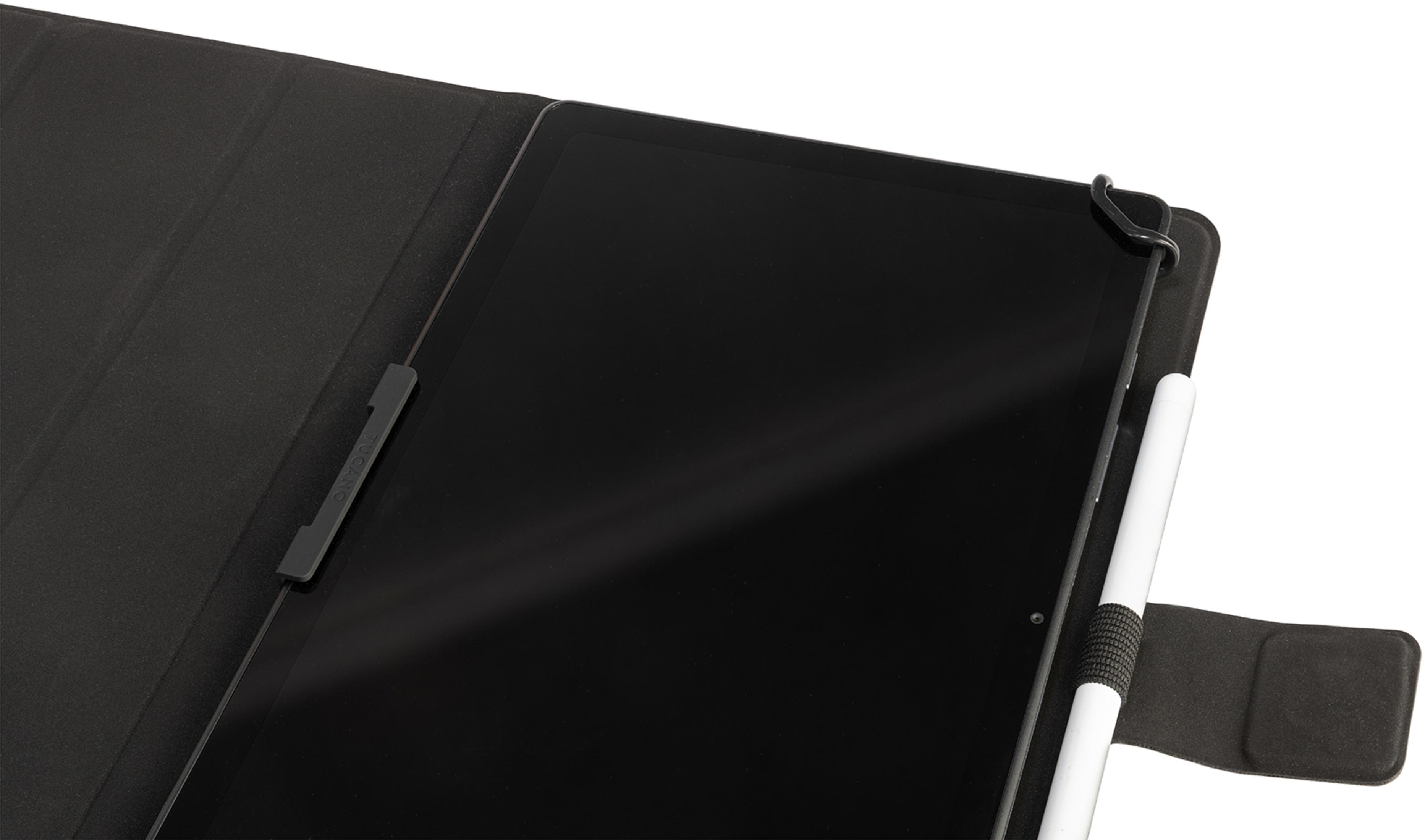Tablet nero in custodia nera con stilo bianco. La custodia è aperta.