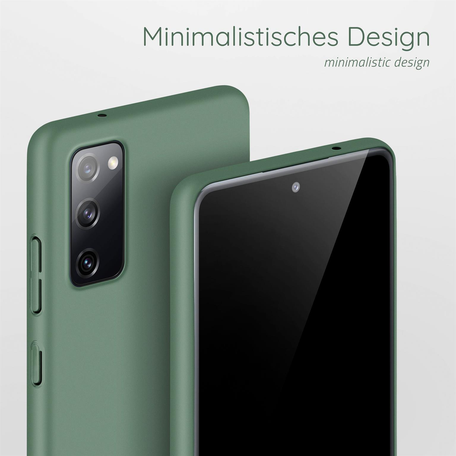 Grüne Handyhülle mit schwarzem Telefon. Text: 'Minimalistisches Design'.