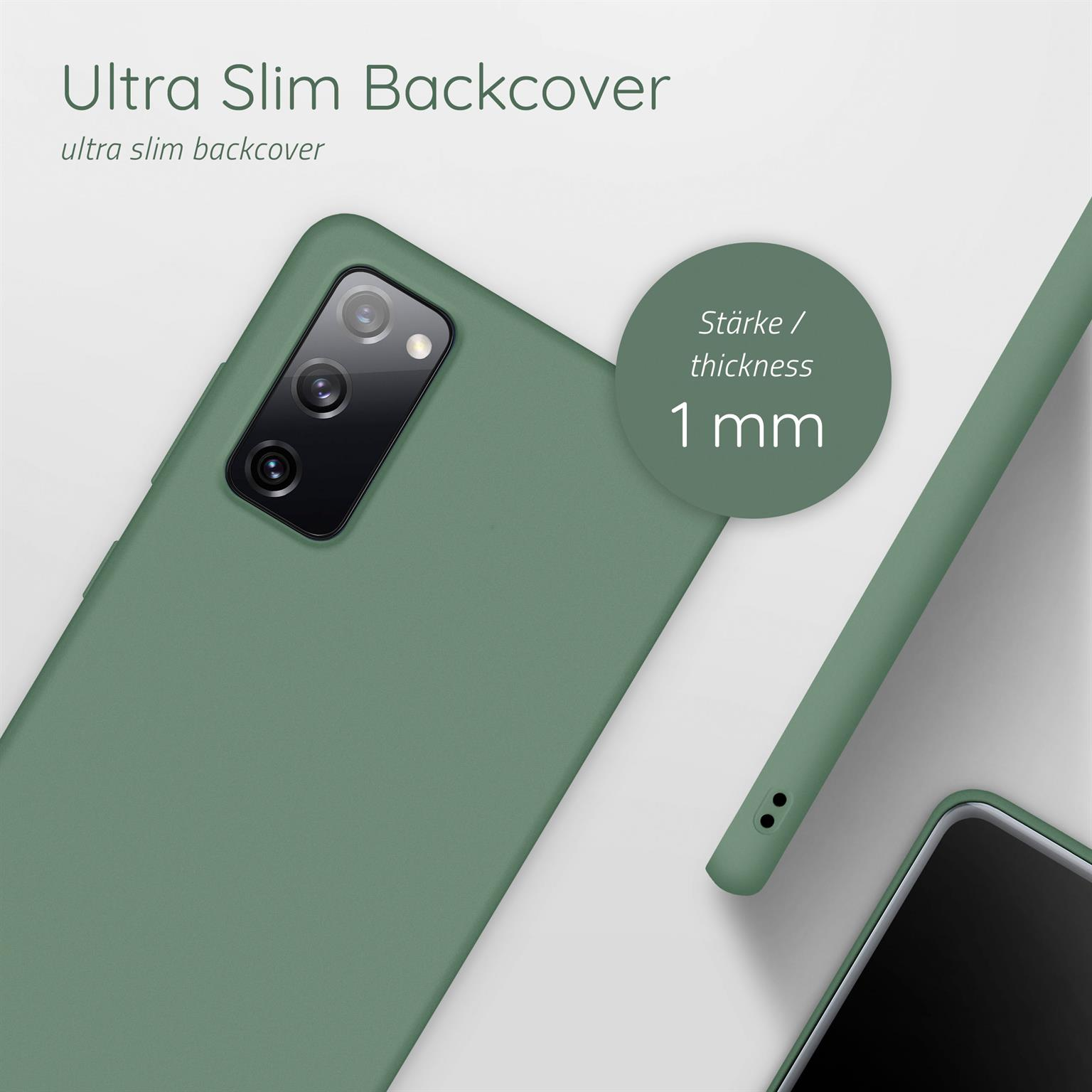 Grüne Handyhülle mit Kameraausschnitt. Text: Ultra Slim Backcover, 1 mm Dicke.