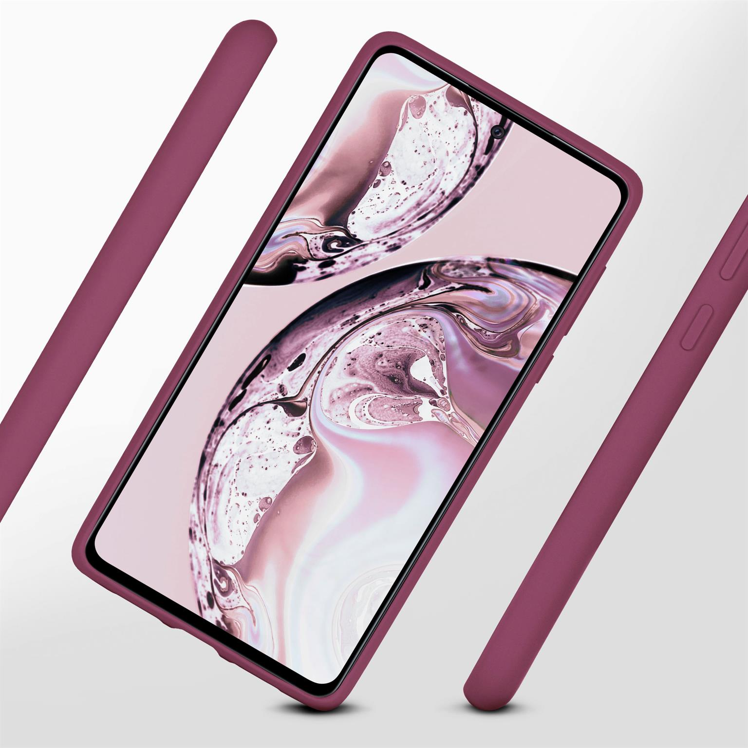 Lila Handyhülle und Telefon. Der Bildschirm des Telefons ist sichtbar, auf pinkfarbenem Hintergrund.