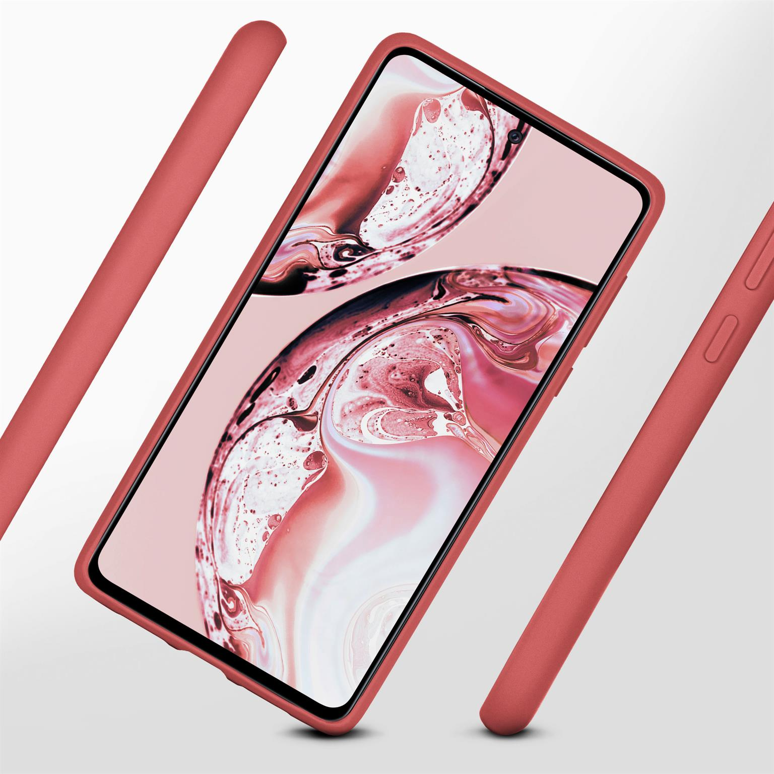 Ein Telefon in einer roten Hülle. Zwei weitere rote Gehäuseteile schweben in der Luft um das Telefon.