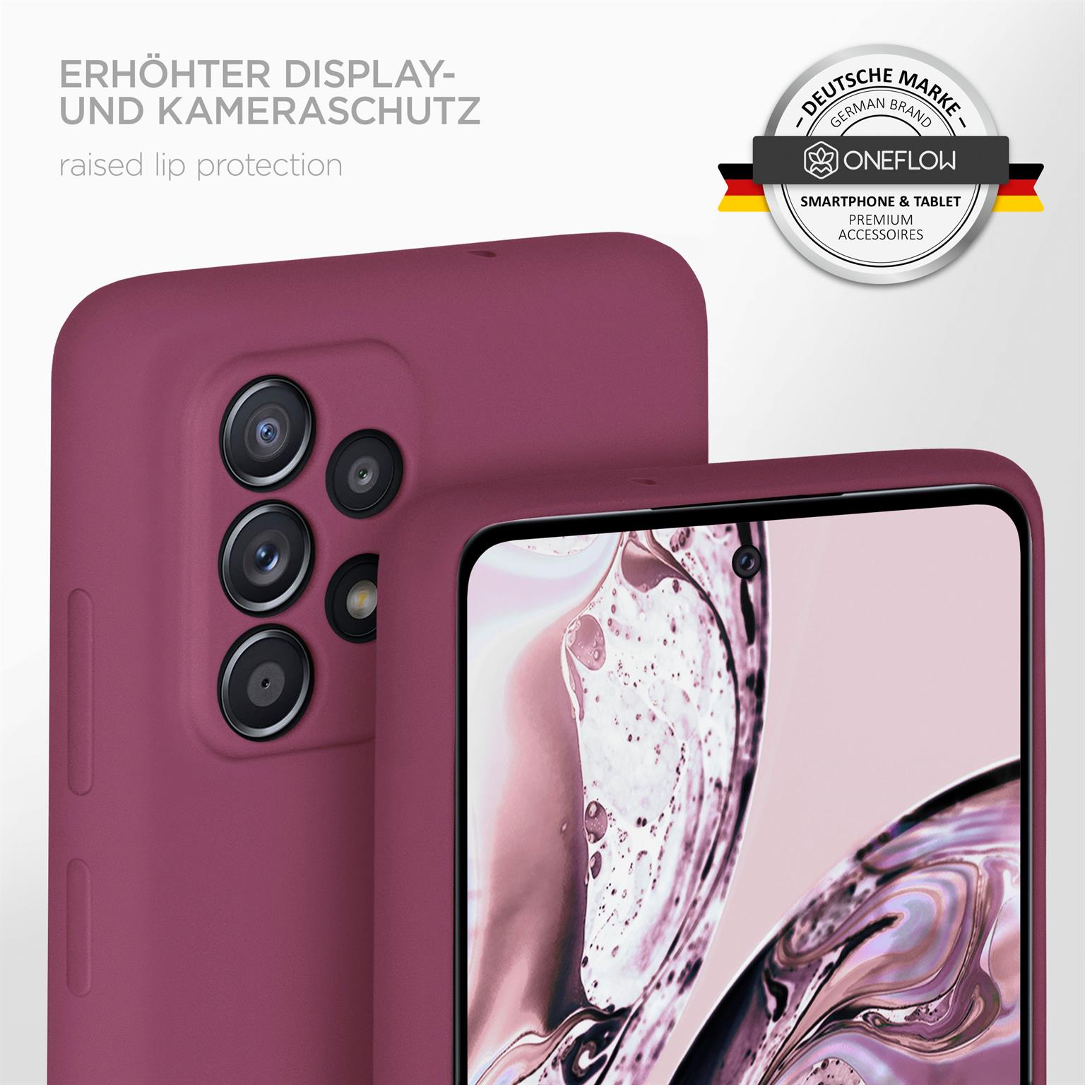Burgunderfarbene Handyhülle, erhöhter Kameraschutz, Telefon im Hintergrund und Markenlogo.