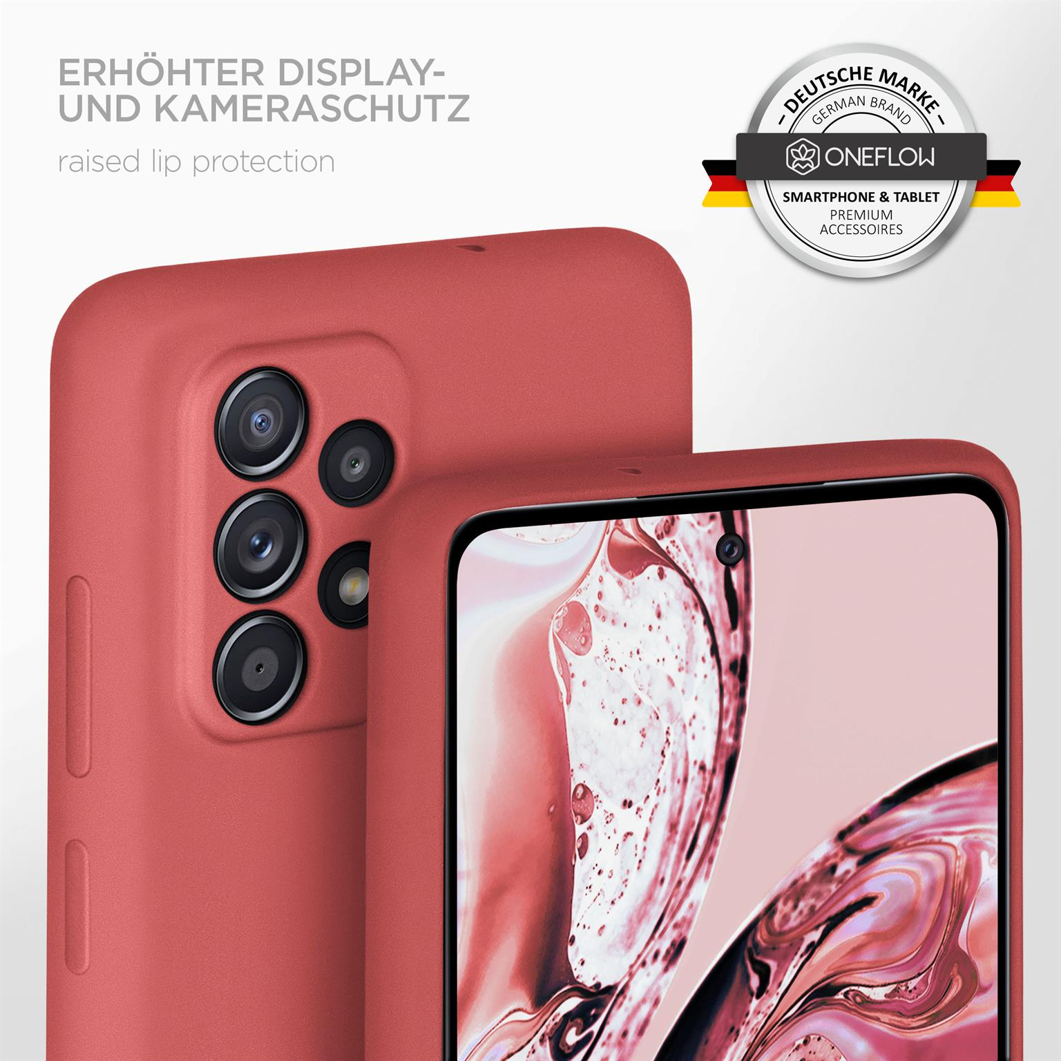 Eine rote Handyhülle mit erhöhtem Kameraschutz auf einer weißen Oberfläche.
