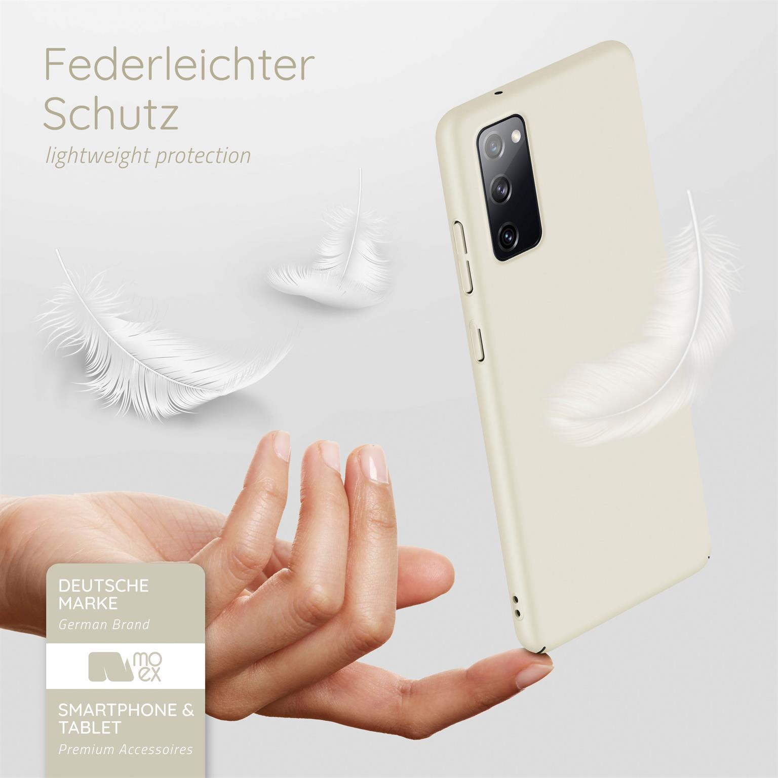 Telefon in hellbeiger Hülle, mit schwebenden Federn. Text 'Federleichter Schutz'.