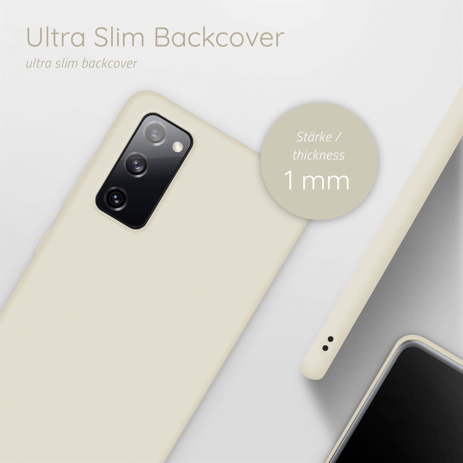 Cremefarbene Handyhülle mit Kameraausschnitt. Text: 'Ultra Slim Backcover'.