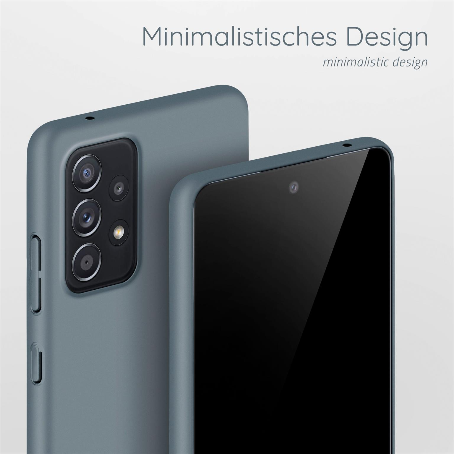 Zwei graue Handyhüllen, eine mit Telefon, minimalistisches Design.