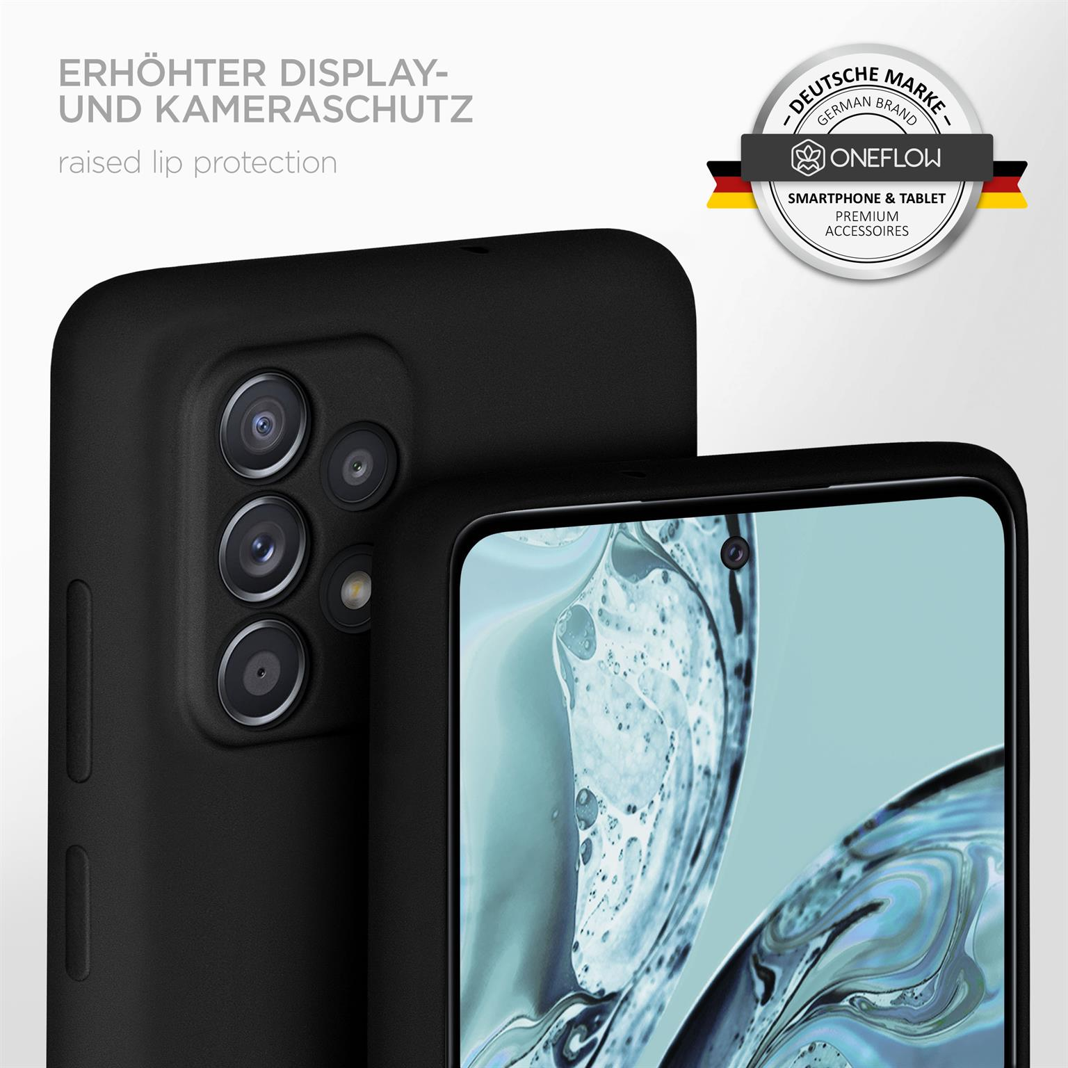 Nahaufnahme einer schwarzen Handyhülle mit Kameraausbuchtung und den Worten raised lip protection.