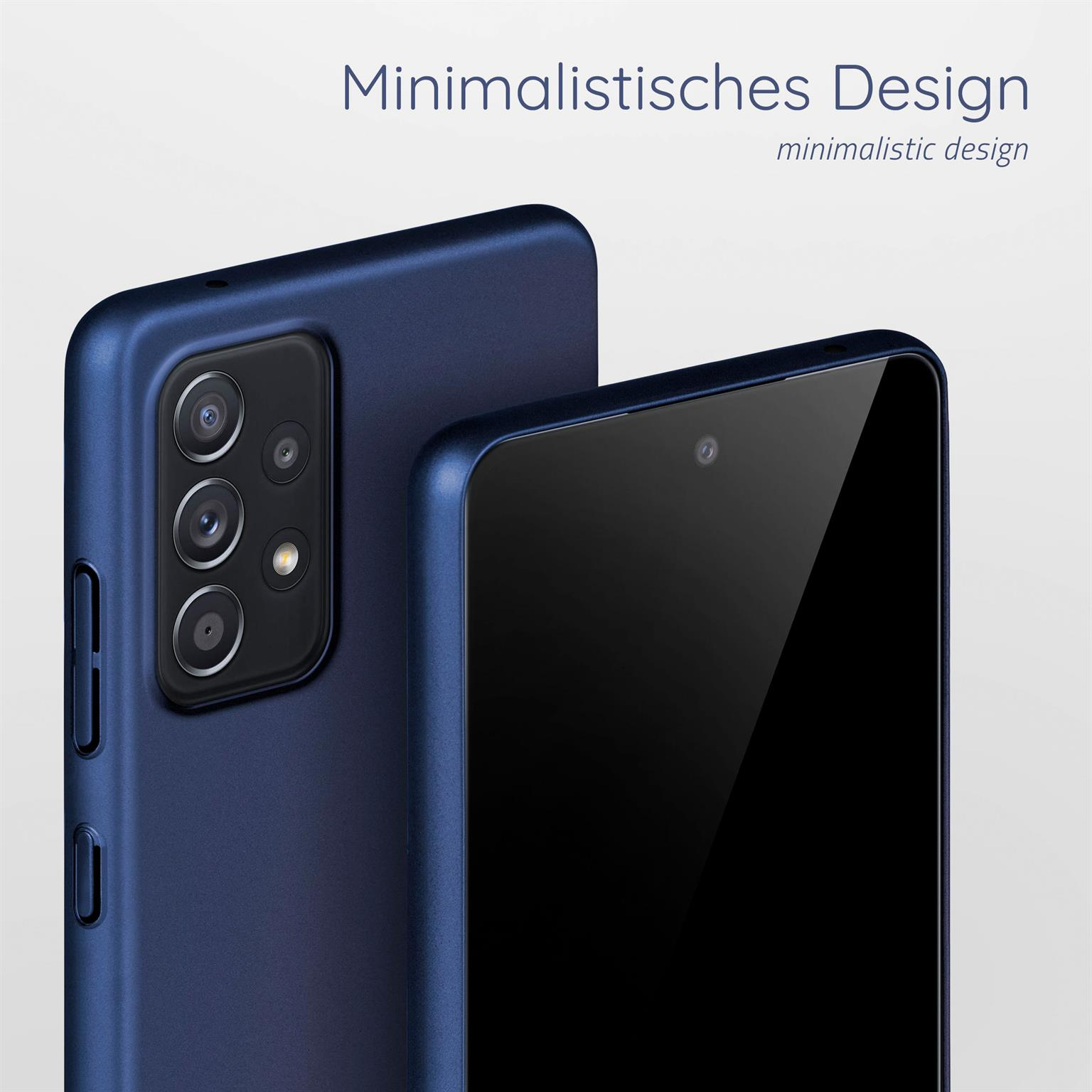 Zwei Telefone in blauen Hüllen. Die Telefone befinden sich auf einer weißen Oberfläche, nebeneinander.
