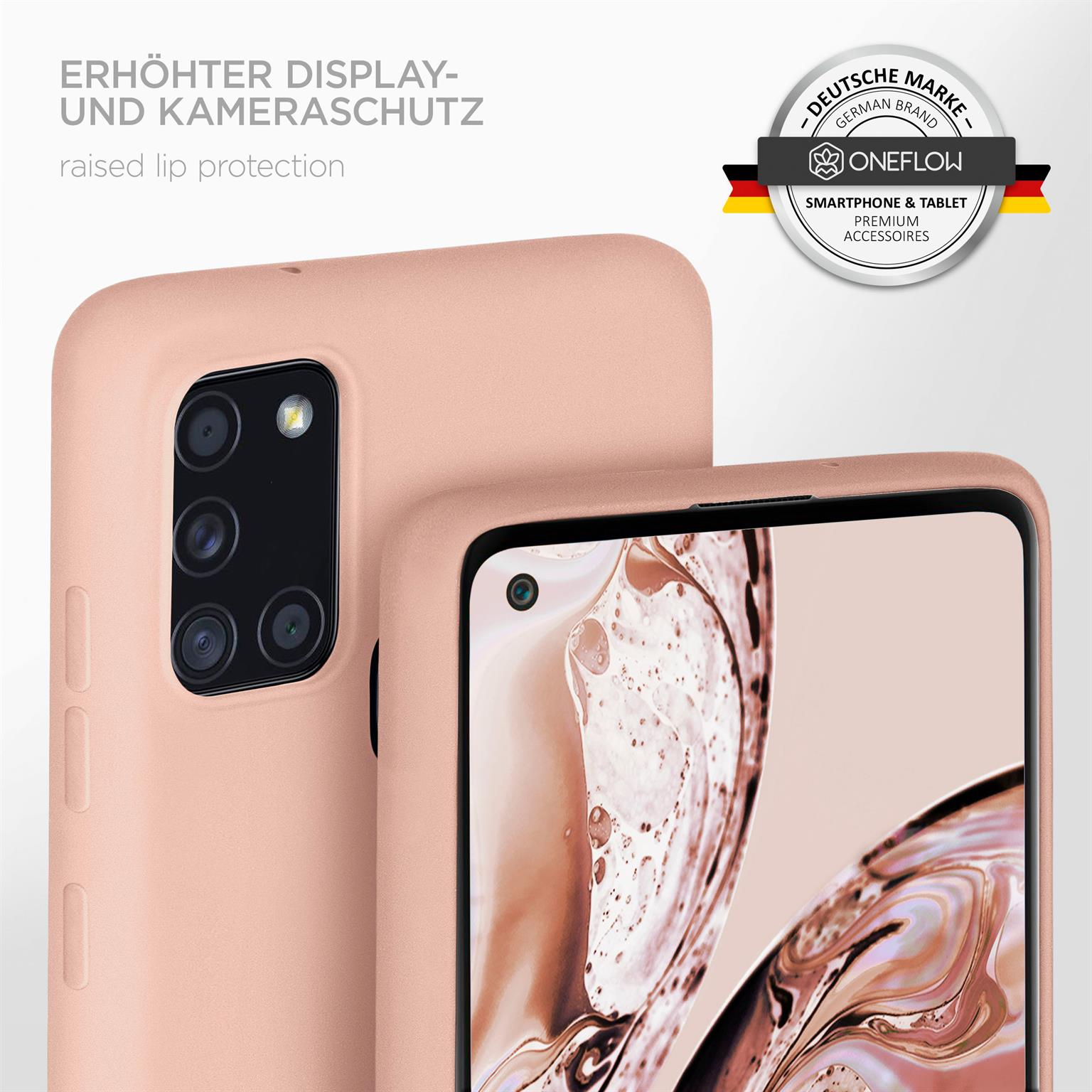 Rosa Handyhülle und Telefon mit erhöhtem Rand, der Kamera und Display schützt. Deutsches Markenlogo und Siegel.