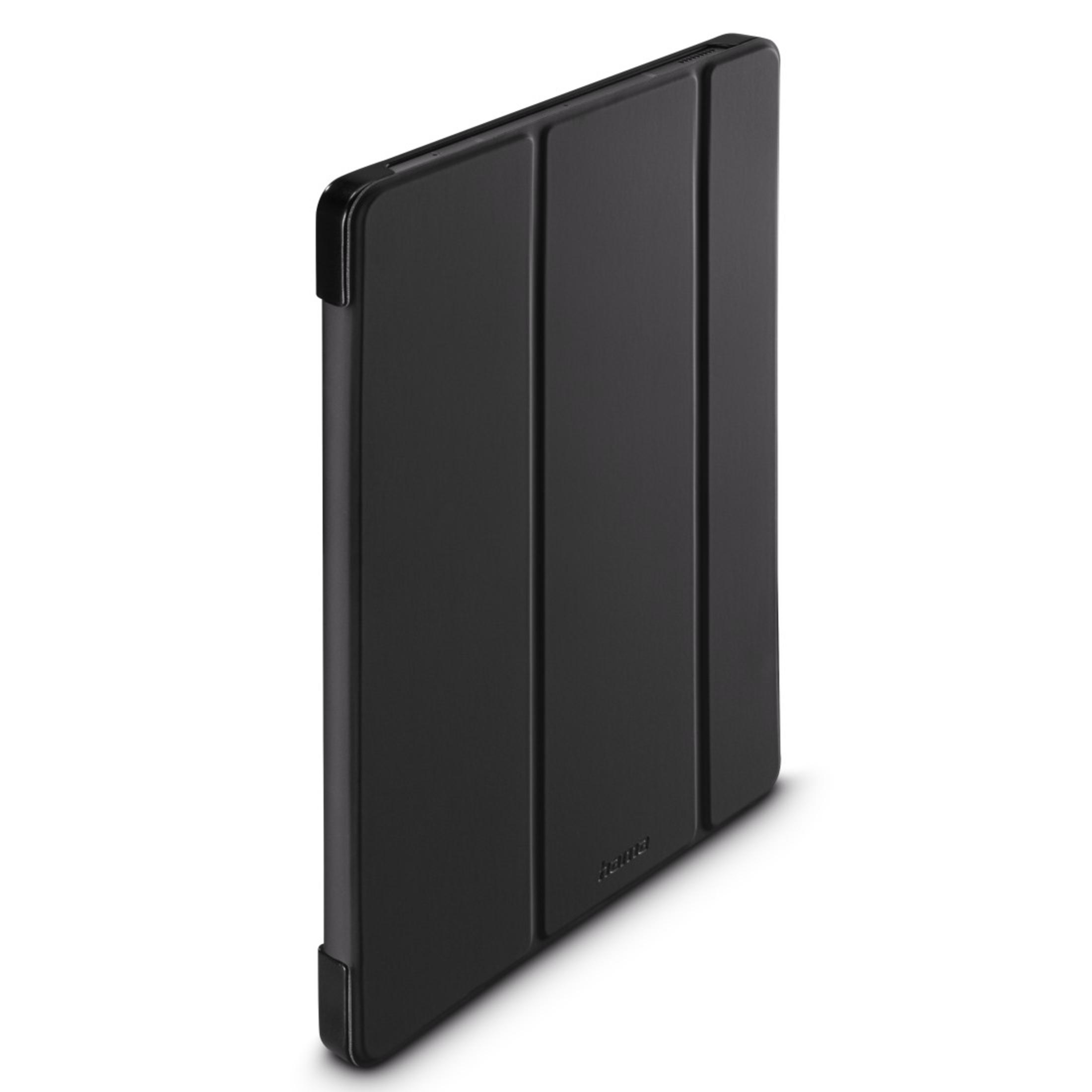 Étui de tablette noir. Fermé et debout. Couleur noire unie, design minimaliste.