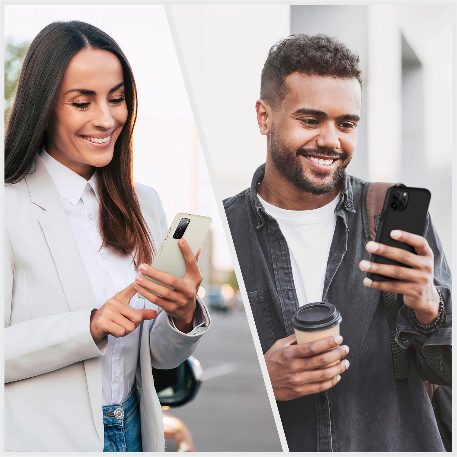 Mann und Frau benutzen Handys. Frau hält ein beiges Telefon, Mann hält ein schwarzes Telefon und Kaffee.