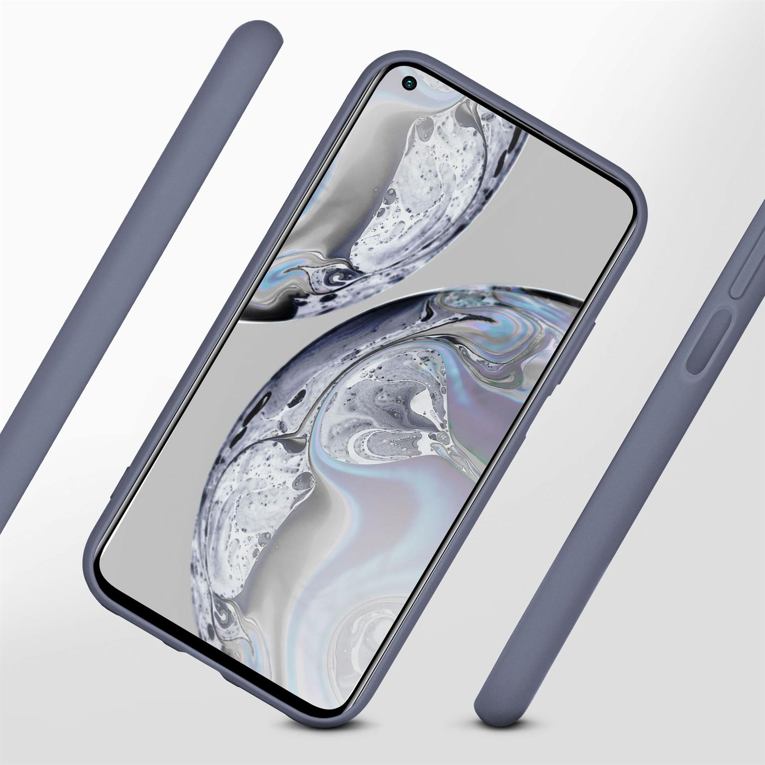 Telefon in blauer Hülle, mit zwei zusätzlichen Hüllen, vor weißem Hintergrund.