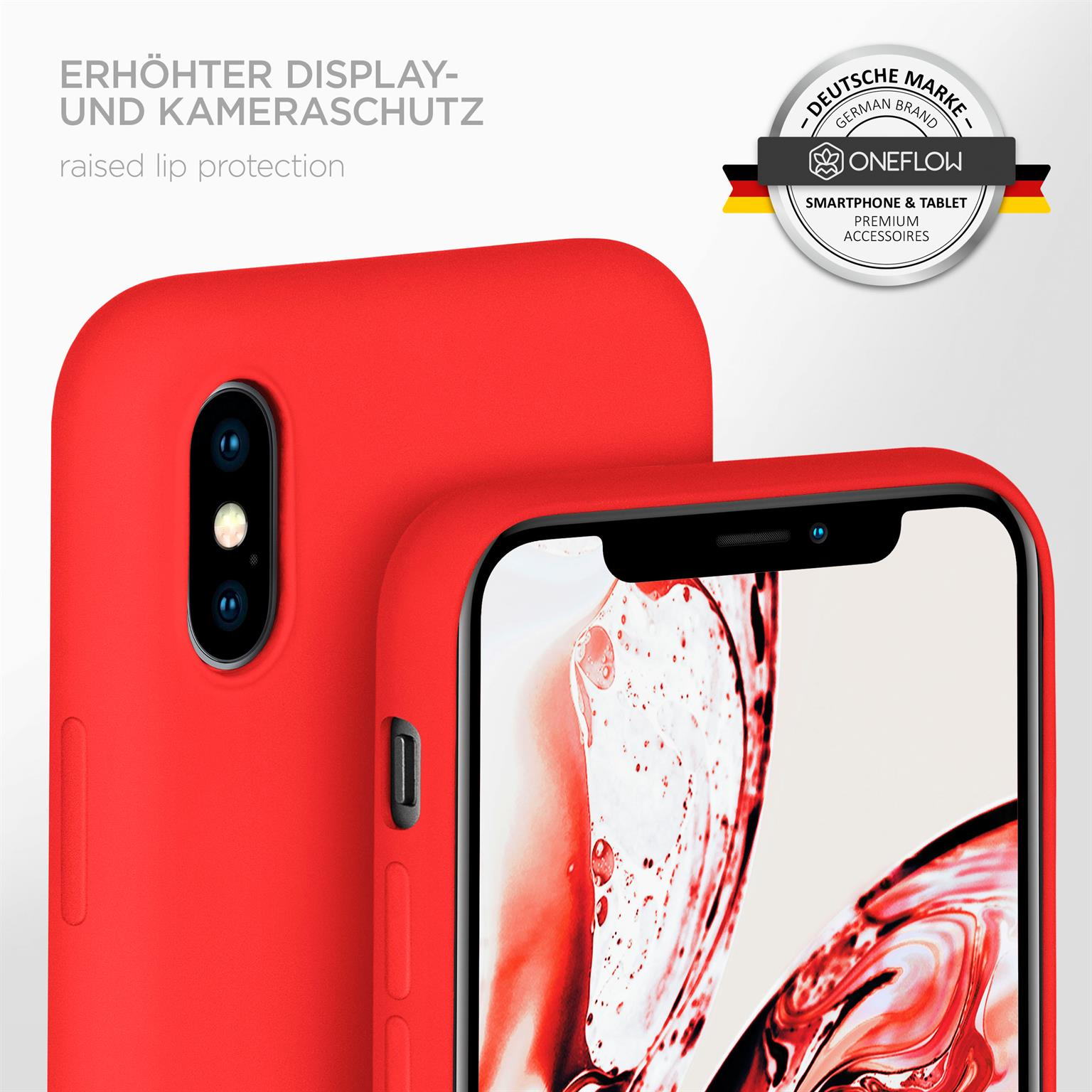 Rote Handyhülle auf Telefon. Erhöhter Lippenschutz. Weißer Hintergrund.