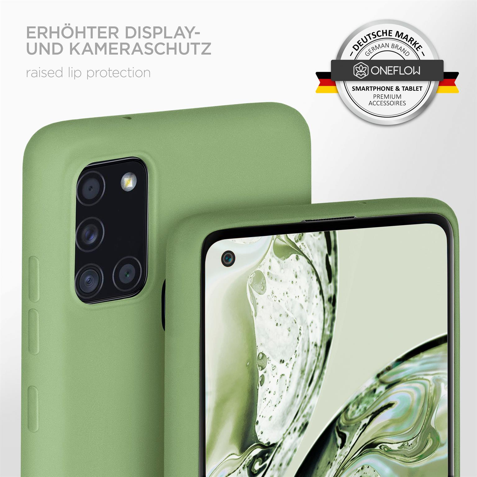 Grüne Handyhülle mit erhöhtem Lippenschutz, Telefon mit Kamera und Logo.