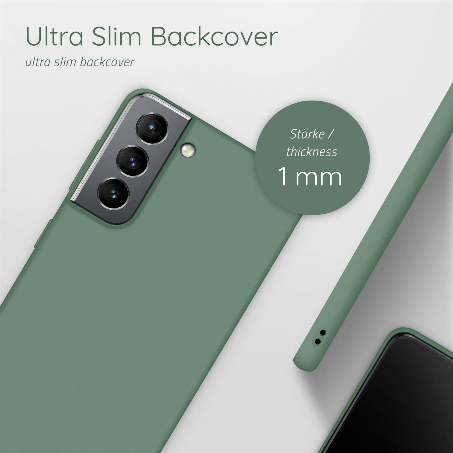 Eine Handyhülle ist grün. Sie liegt neben einem Telefon und hat eine Dicke von 1 mm.