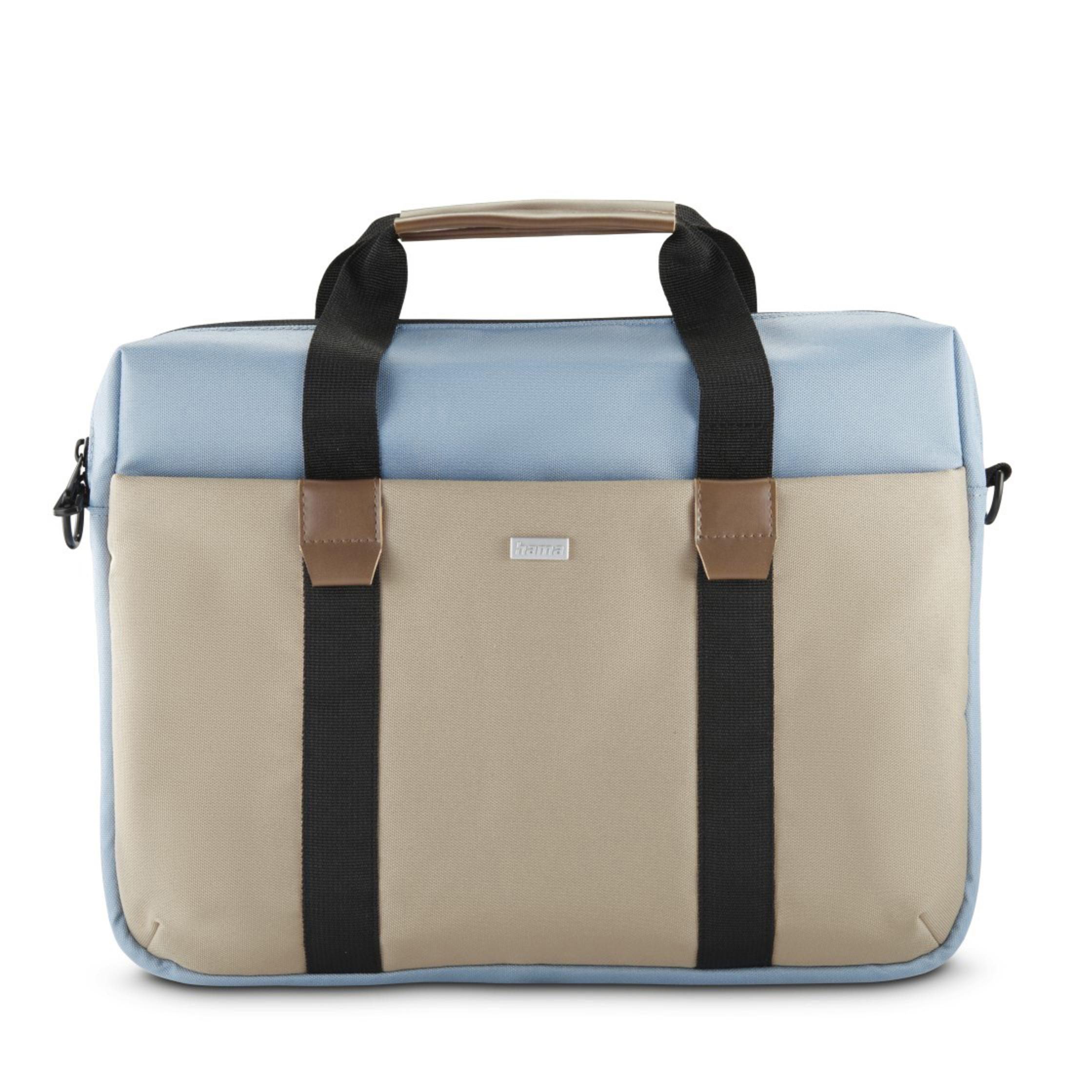 Borsa per laptop con parte superiore blu, parte centrale beige, manici e cinghie neri e manico marrone chiaro.