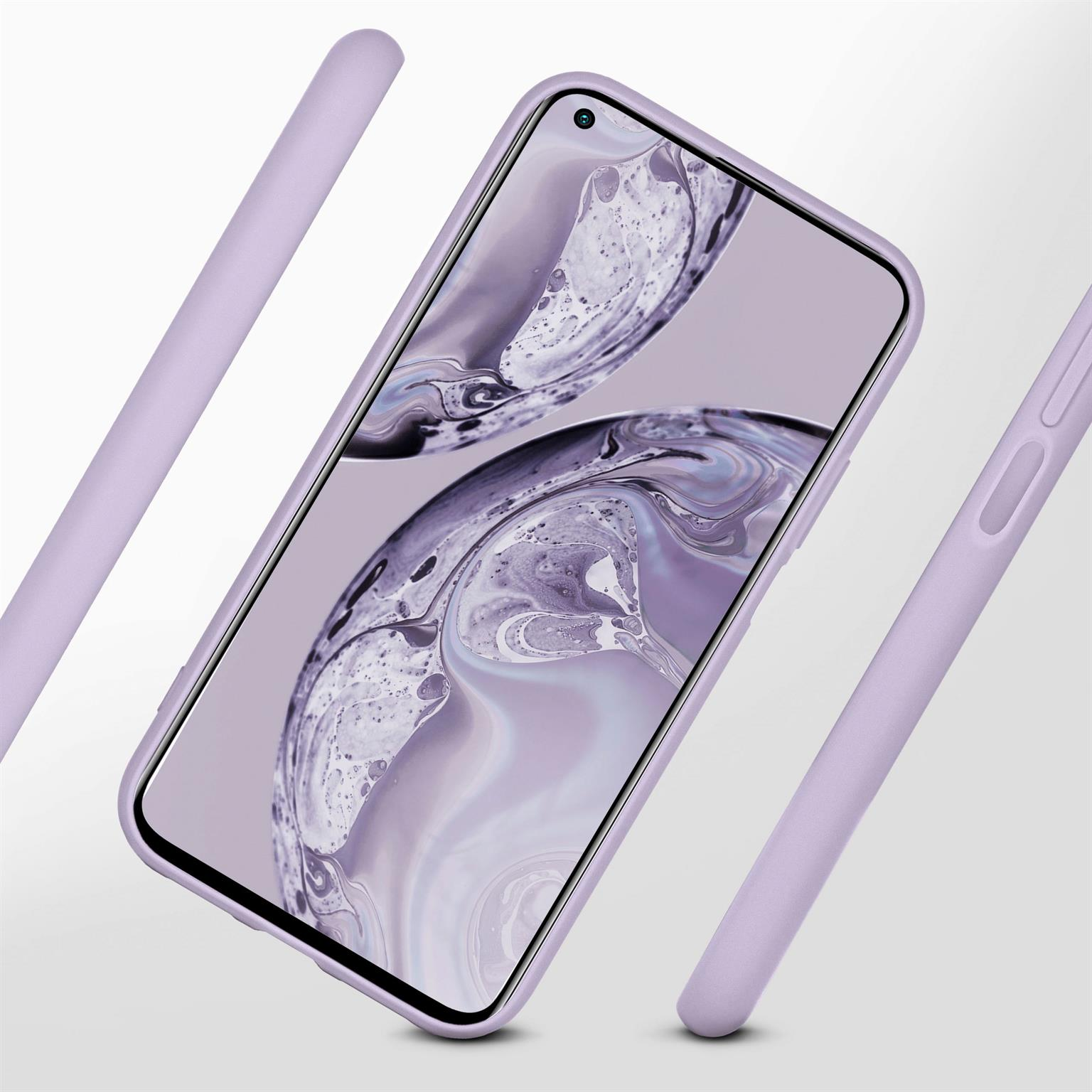 Lila Handyhülle mit Telefon. Drei lila Balken umgeben es. Der Hintergrund ist weiß.