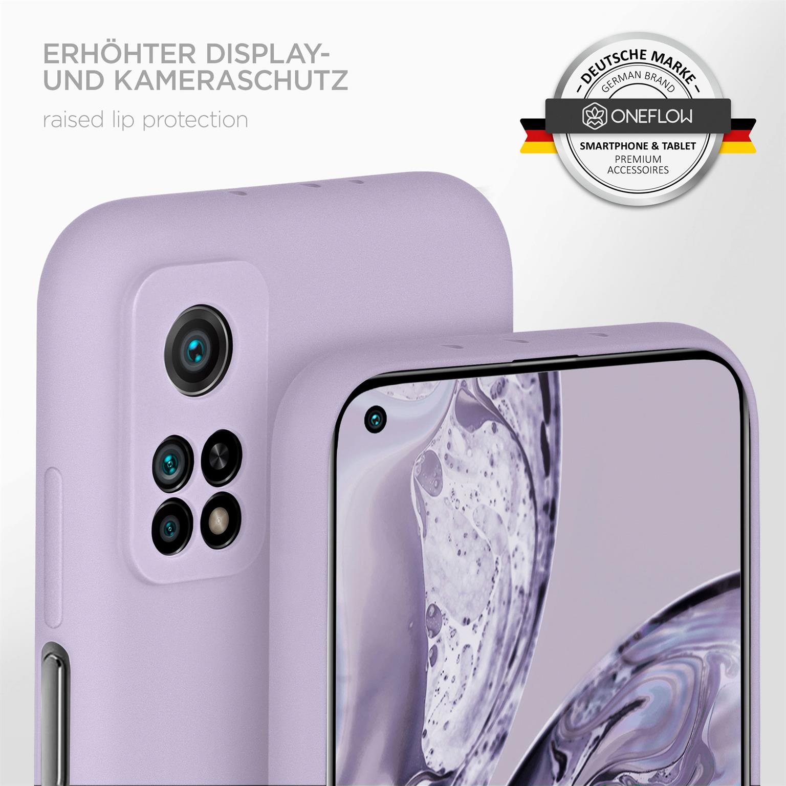 Nahaufnahme einer Handyhülle auf einem Handy. Hülle ist lavendelfarben, Bildschirm und Kamera sichtbar.