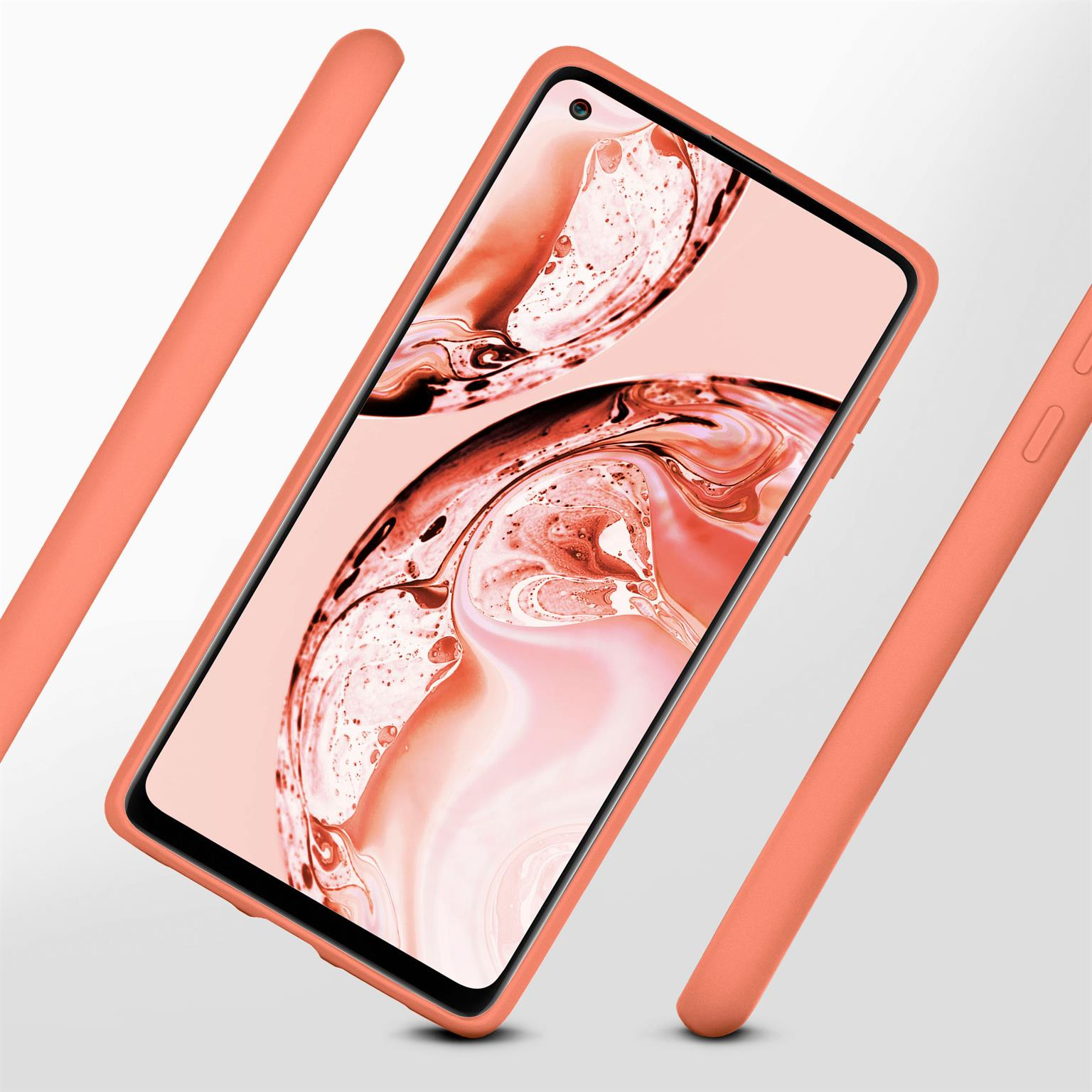 Handyhülle mit Telefon darin. Hülle und Telefon sind farblich gleich, mit schwebenden Linien.