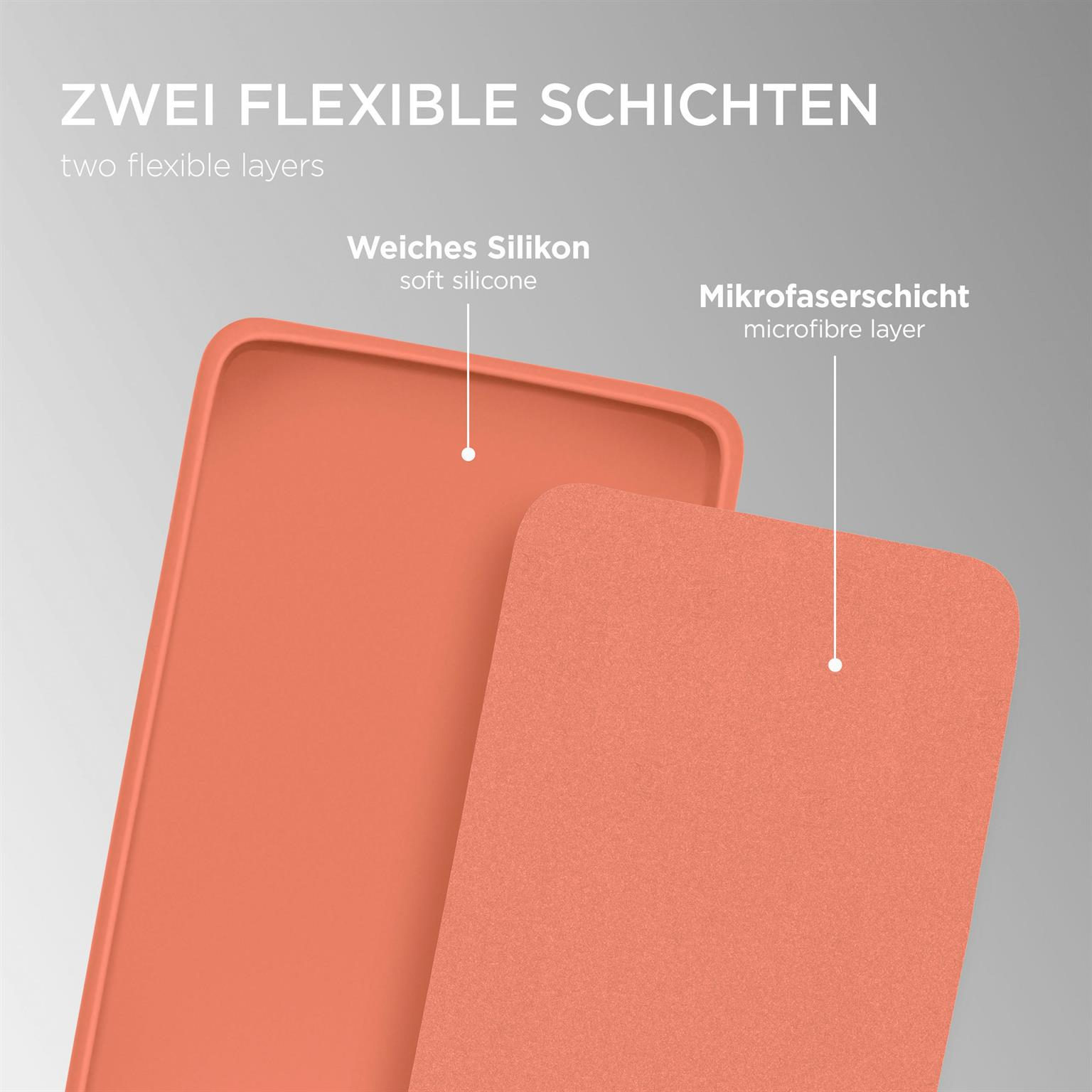 Zwei Schichten einer Handyhülle. Eine ist orange und die andere weichorange.