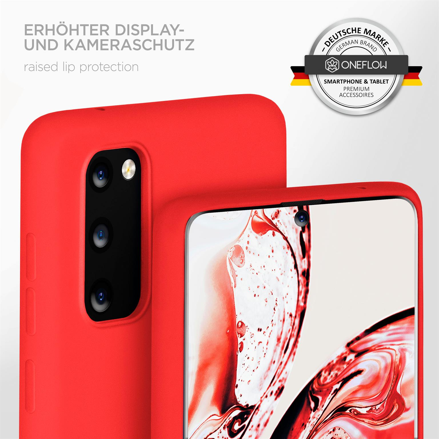 Nahaufnahme einer roten Telefonhülle und eines Telefons. Text: Erhöhter Display- und Kameraschutz. Markenlogo oben rechts.