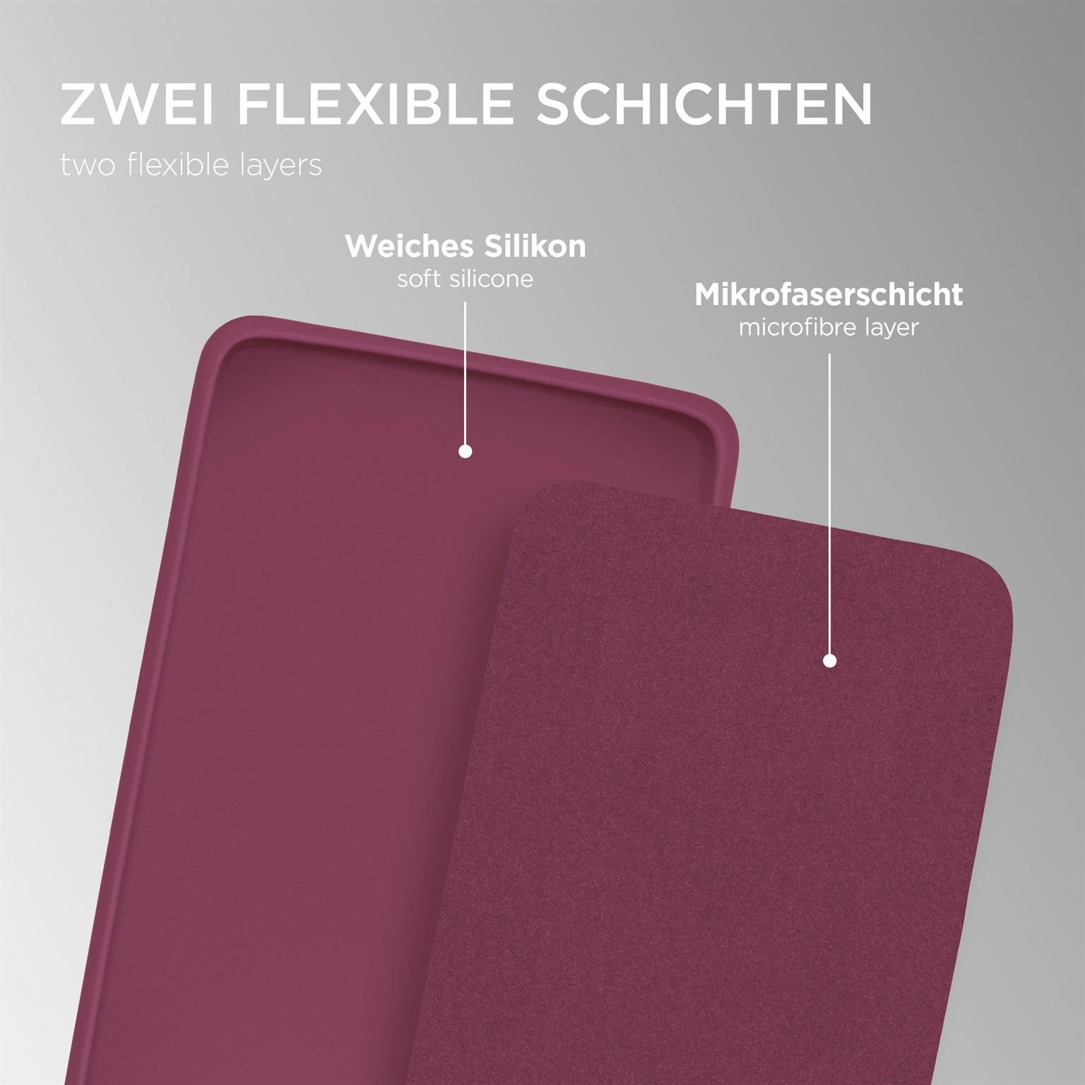 Zwei Materialschichten, eine bordeauxfarbene, eine mauvefarbene. Text beschreibt sie als weiches Silikon und Mikrofaserschicht.