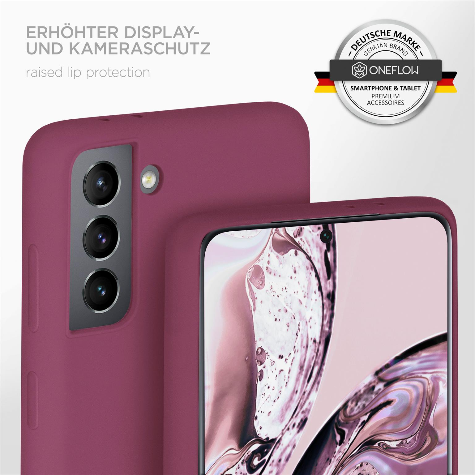 Ein Telefon mit roter Hülle. Nahaufnahme des Telefons mit erhöhtem Rand.