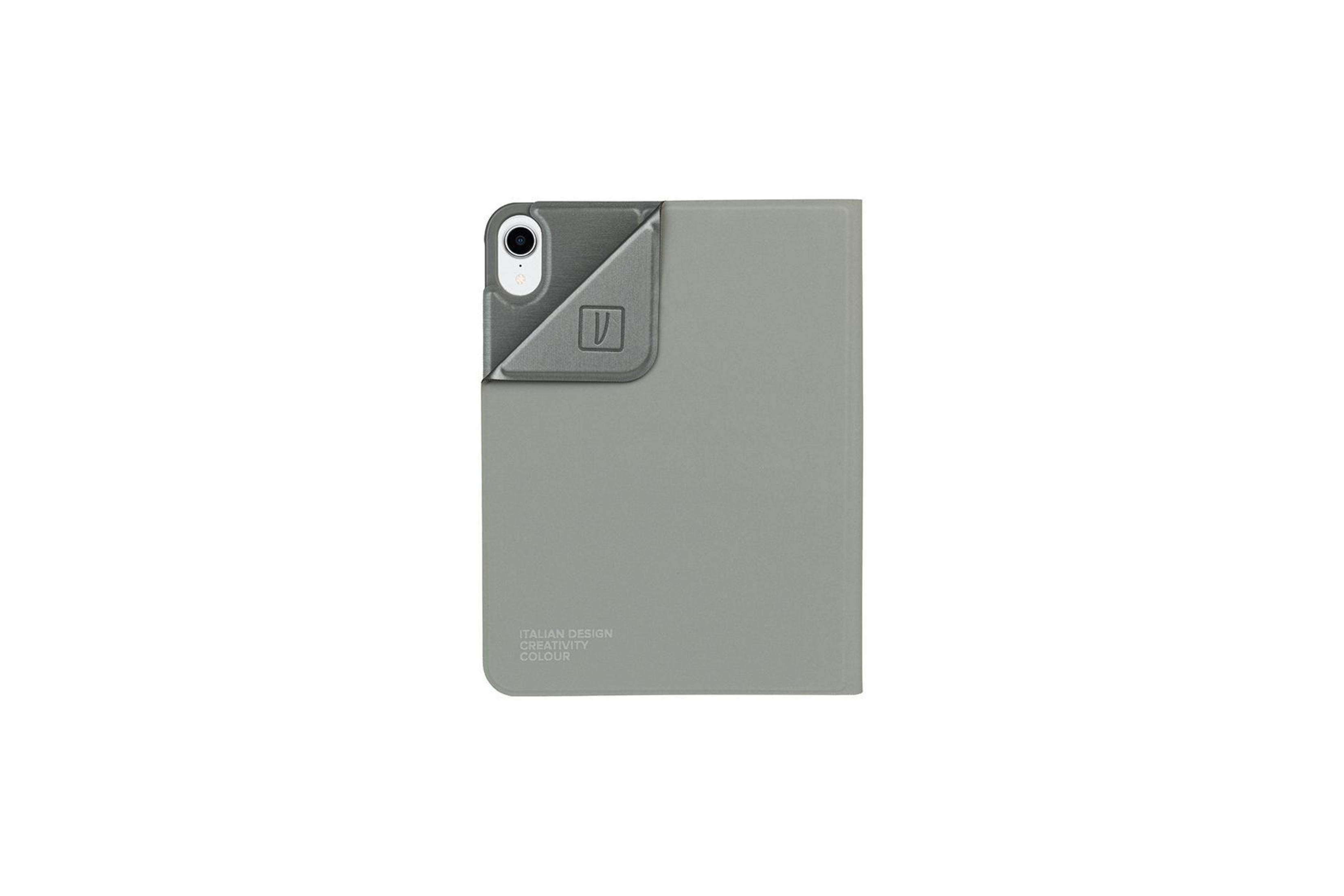 Eine graue iPad-Hülle mit einer umgeklappten Ecke, die ein Logo zeigt.