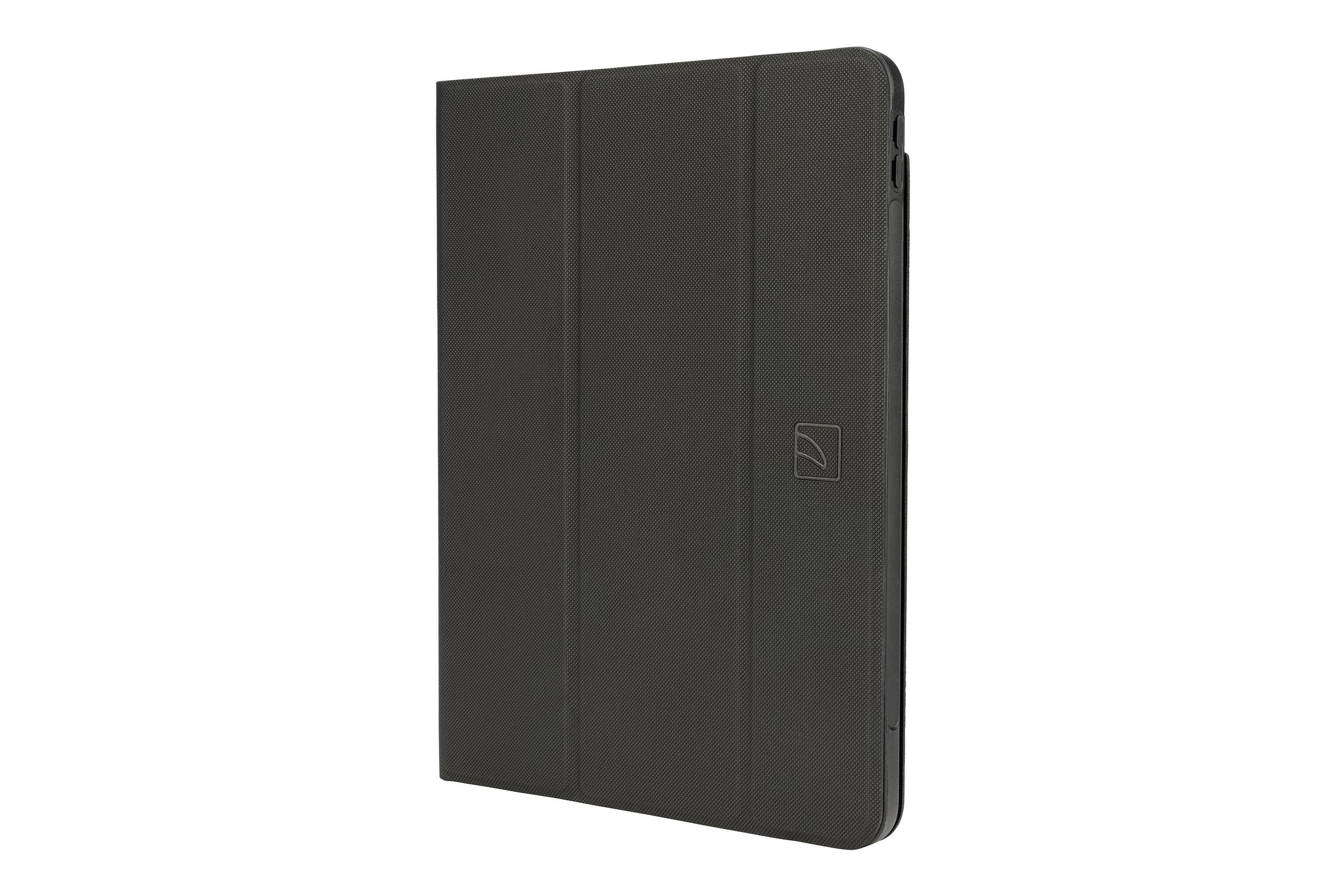 Una custodia per tablet Tucano grigio scuro, testurizzata, con un piccolo logo, vista di sbieco su uno sfondo bianco.