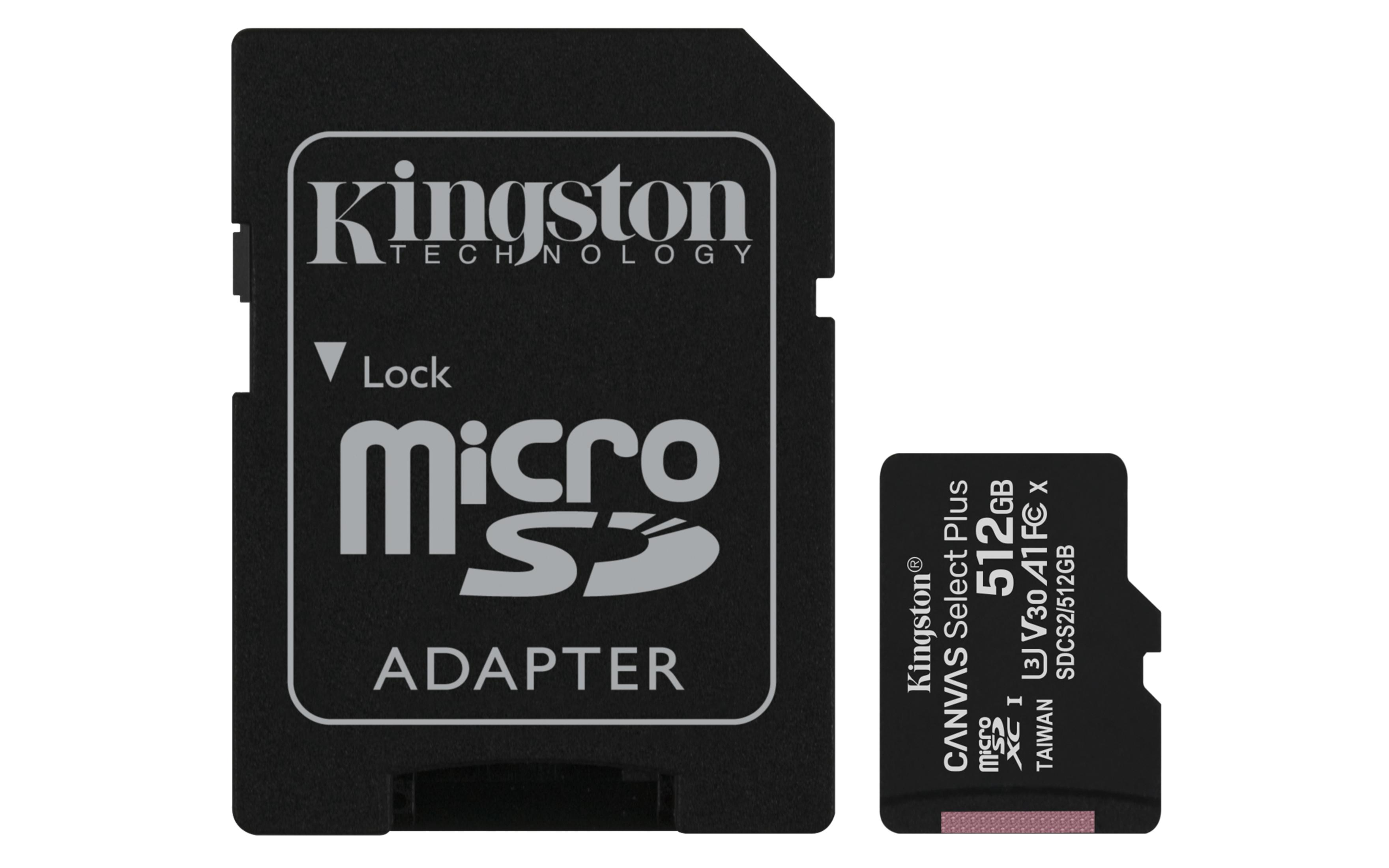 Schwarzer Kingston Micro-SD-Adapter und eine kleinere SD-Karte. Beide haben Branding.