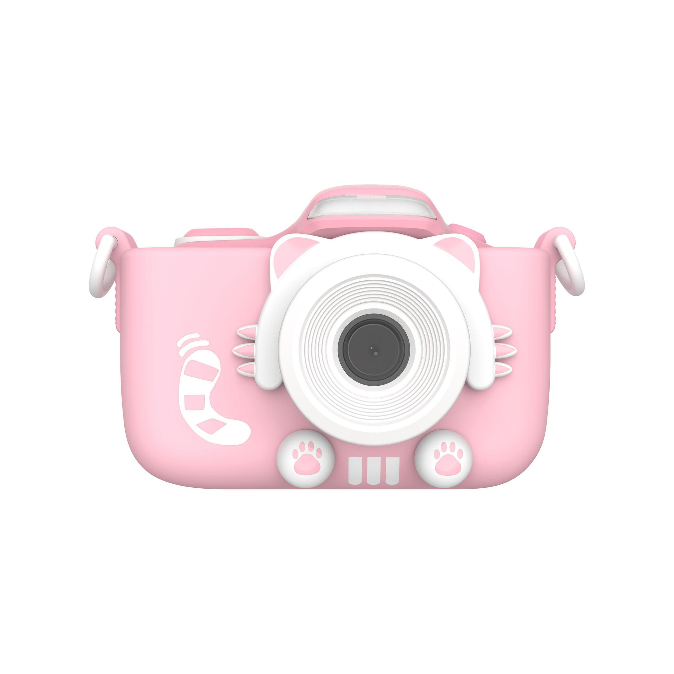 Cámara de juguete rosa con diseño de gato, lente, botones y sujeta-correas sobre fondo blanco.