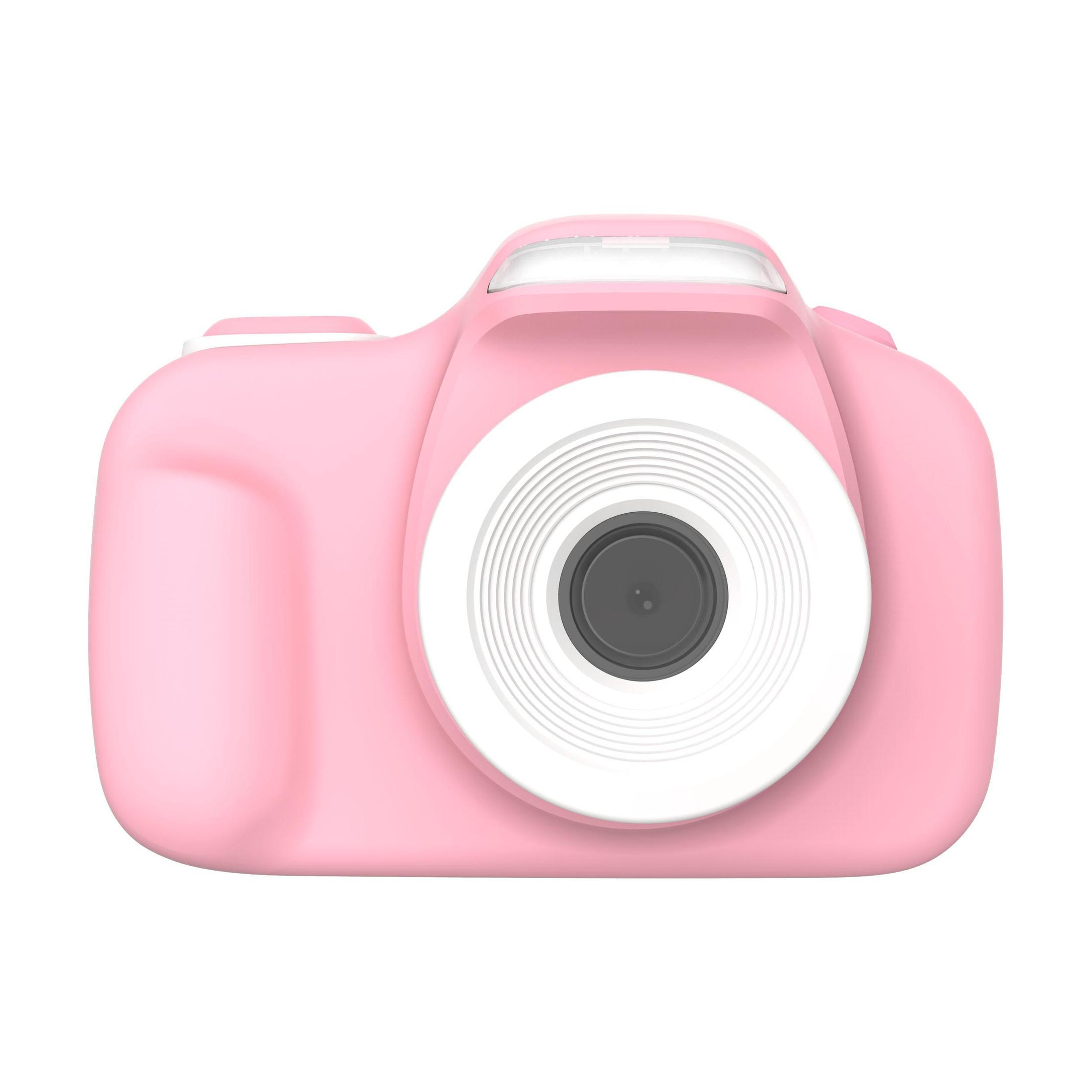 Cámara de juguete rosa con lente grande y anillo blanco. Diseño simple y redondeado.